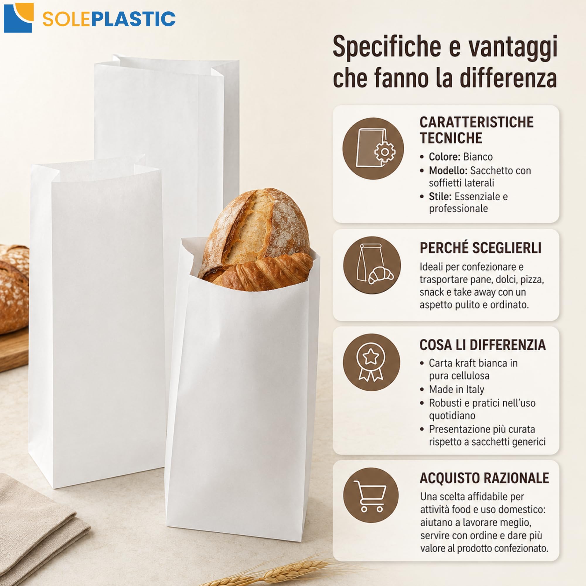 Sacchetti Carta per Alimenti Kraft - Scatola da 10 Kg (circa 1800 unità - misure 14 x 28 cm) - OTTIMA TENUTA con FONDO RINFORZATO e SOFFIETTI LATERALI - Sacchetti di Carta per ogni Occasione