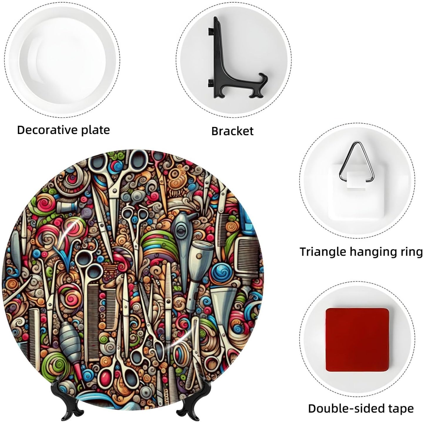 Abstract-Hairdressing-Tools 10 Inch Decorative Plate With Stand, Elegant Display Wall Plate For Home Decor