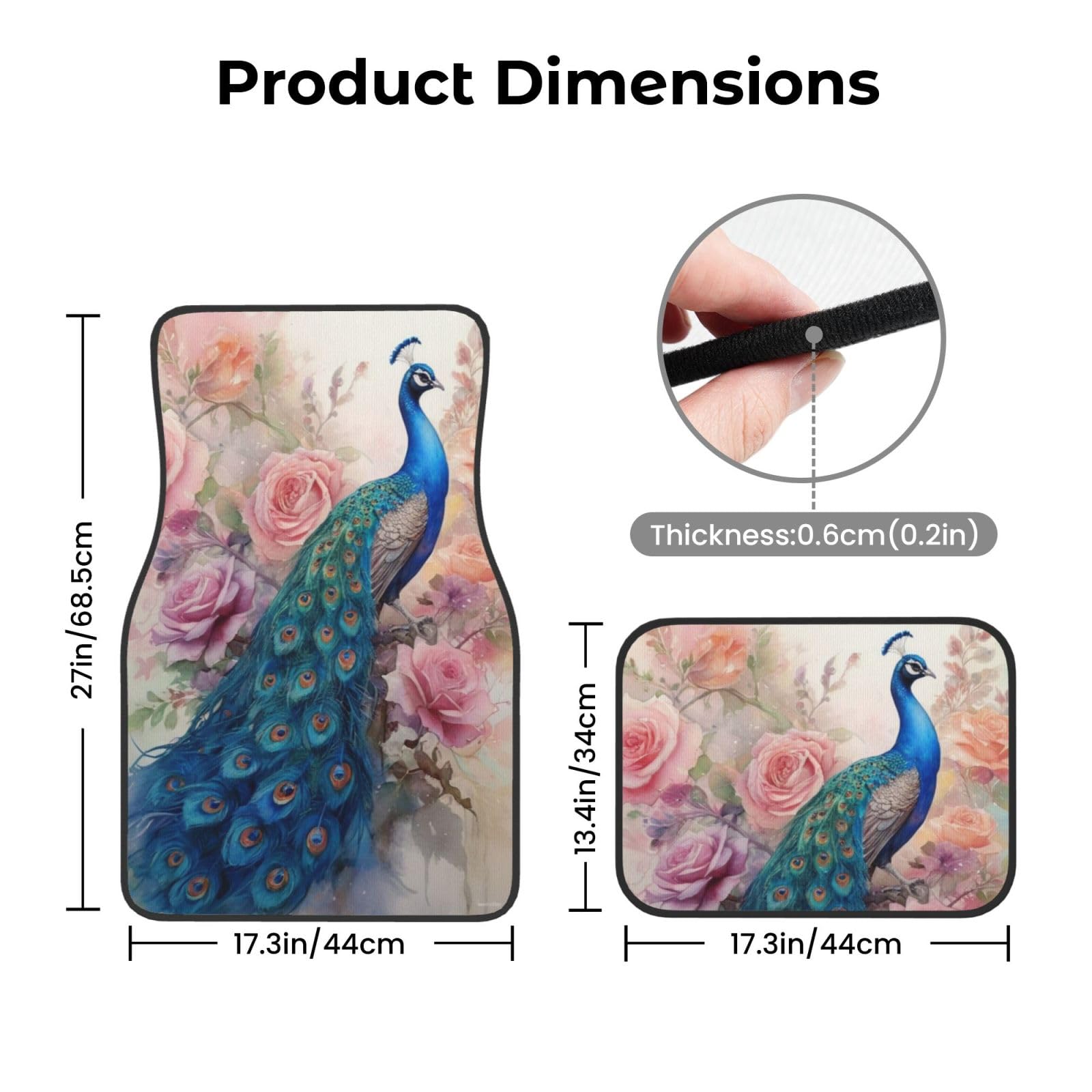Peacock with Roses Universal Front Rear Car Floor Mats for Truck SUV Van Sedans Automotive Liners Decorative Mats — view 4