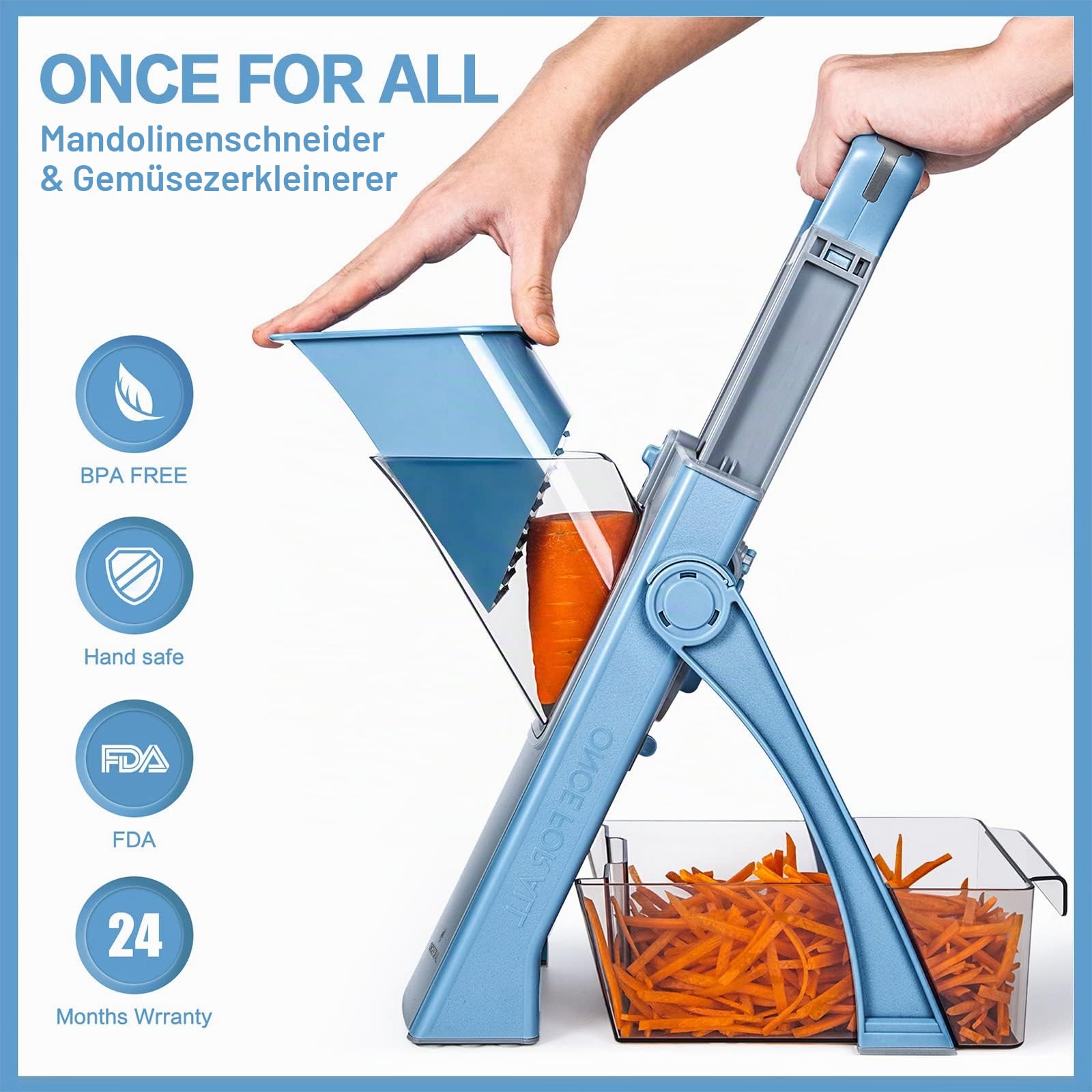 ONCE FOR ALL Gemüseschneider mit Auffangbecken (Blau) | Gemüsehobel ideal als Pommesschneider&Kartoffelschneider,Zwiebelschneider Gurkenhobel - Würfelschneider, Julienner,Geschenk