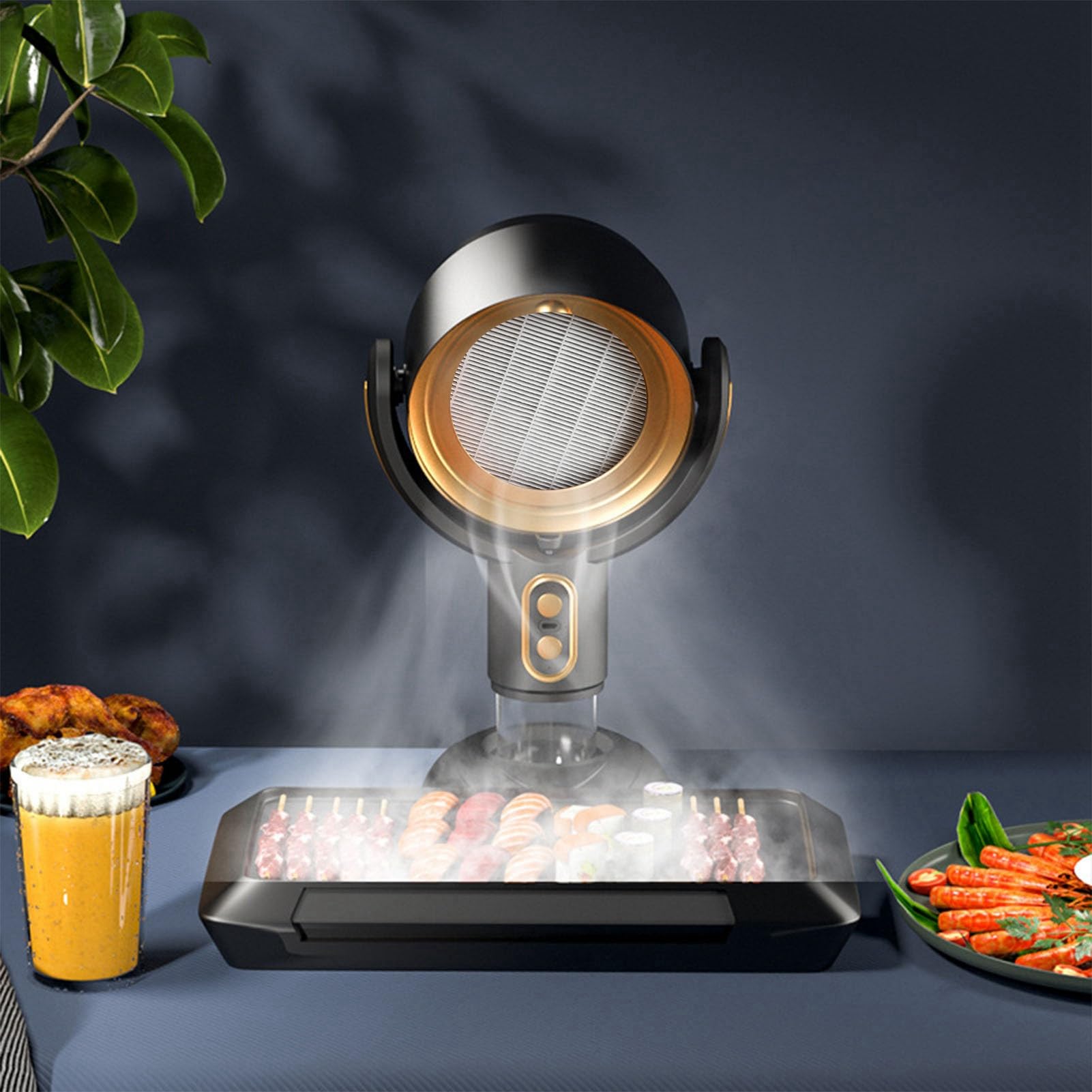 Cappa da cucina da tavolo, aspiratore da cucina portatile a ioni negativi a 2 velocità, filtro rimovibile per barbecue interno, pentola calda 5 V 8 W (Oro Nero)