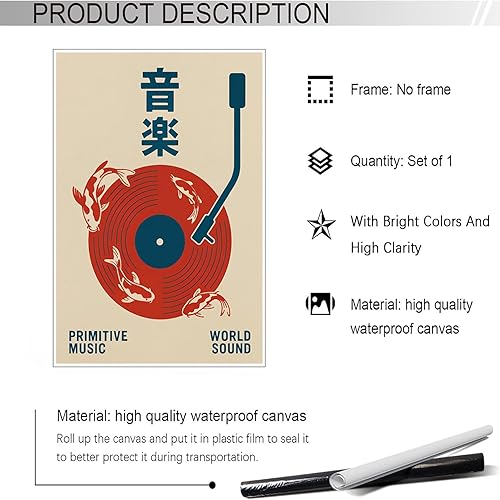 Miniatura 2 de Bizabud Lienzo de música japonesa, arte de pared, póster de disco de vinilo retro, obra de arte de música primitiva, remolino Koi, impresiones de
