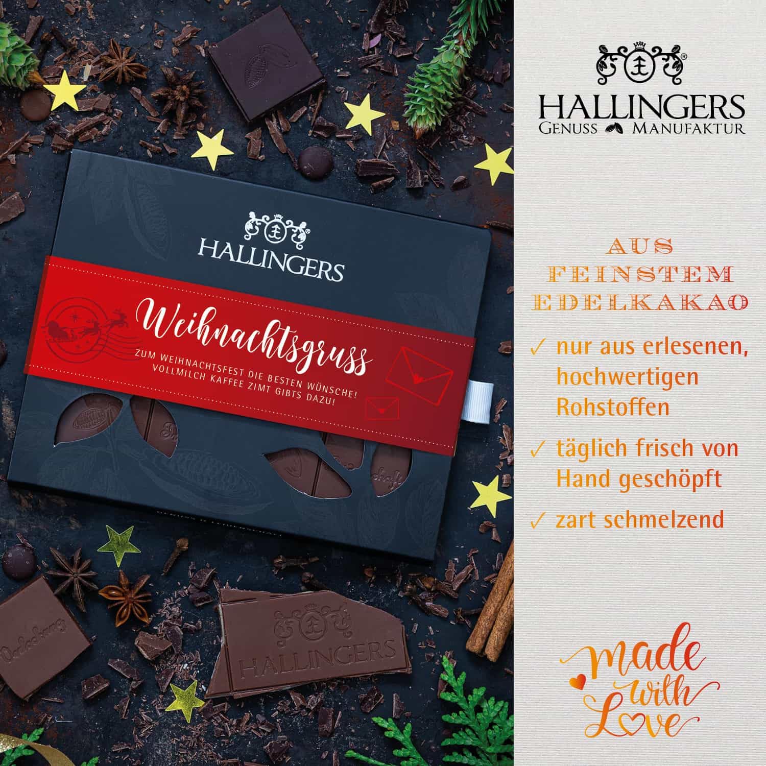 Hallingers Genuss Manufaktur Feinkost Weihnachts-Geschenk-Set - XXL-Geschenkkorb "Süße Weihnachten" großes Mitbringsel Pralinen, Schokolade, Fruchtsaftbärchen, Mandeln & mehr, Weihnachten für Frauen