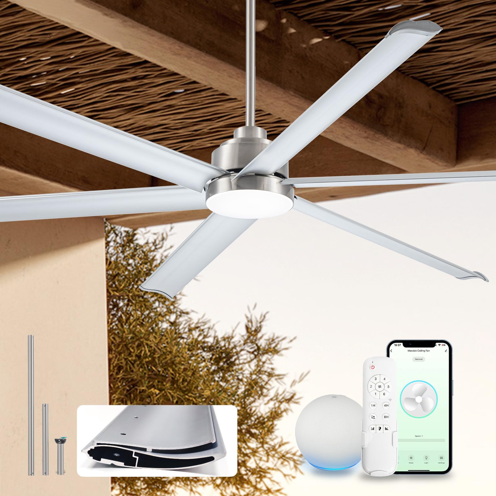 84" Industrial Brushed Nickel Ceiling Fans with Light and Remote,Smart fan work with Alexa,Large fan with 6 Double-Layer Aluminum Blades,Noiseless DC Motor Indoor Outdoor Ceiling Fan for Patio