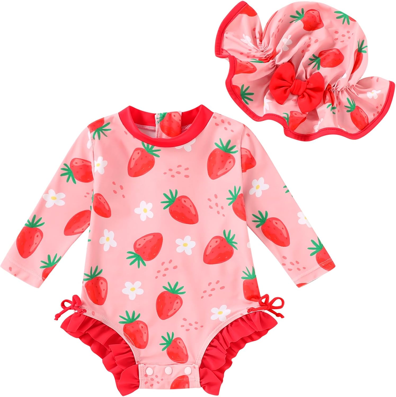 Infant Baby Swimsuit Girl Long Sleeve UPF 50+ Sun Protection One-Piece Rash Guard with Hat Zipper Bathing Suit