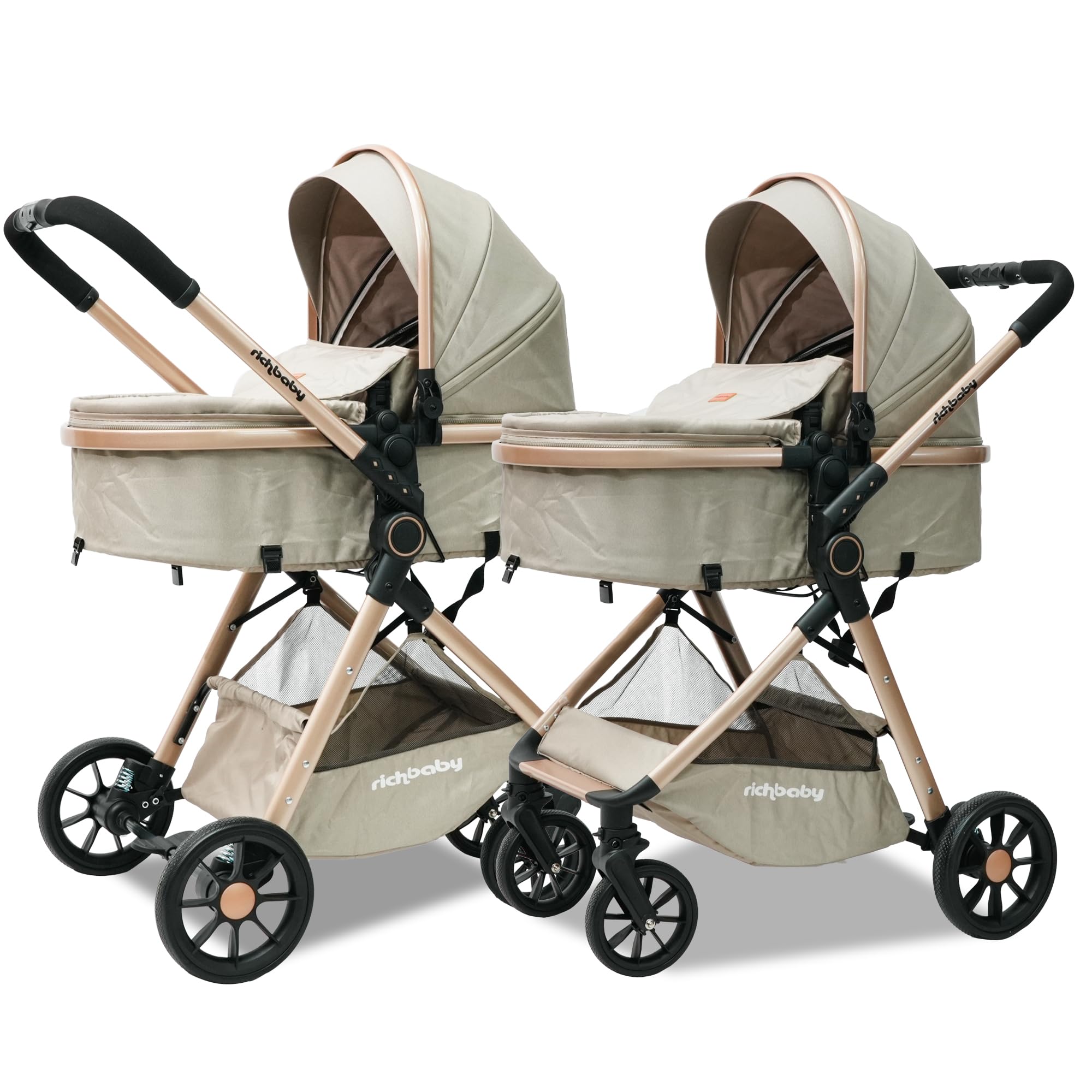 Passeggino 2 in 1 con navicella, compatto, pieghevole, protezione UV (crema
