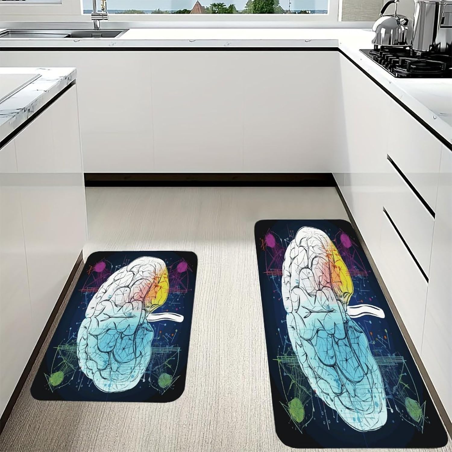 Geometry Brain Image with Science Kitchen Mat Kitchen Rug Set | Kitchen Rugs Flannel Velvety Washable breathable Water Absorbent Soft ，kitchen utensils for Kitchen, Floor,Laundry