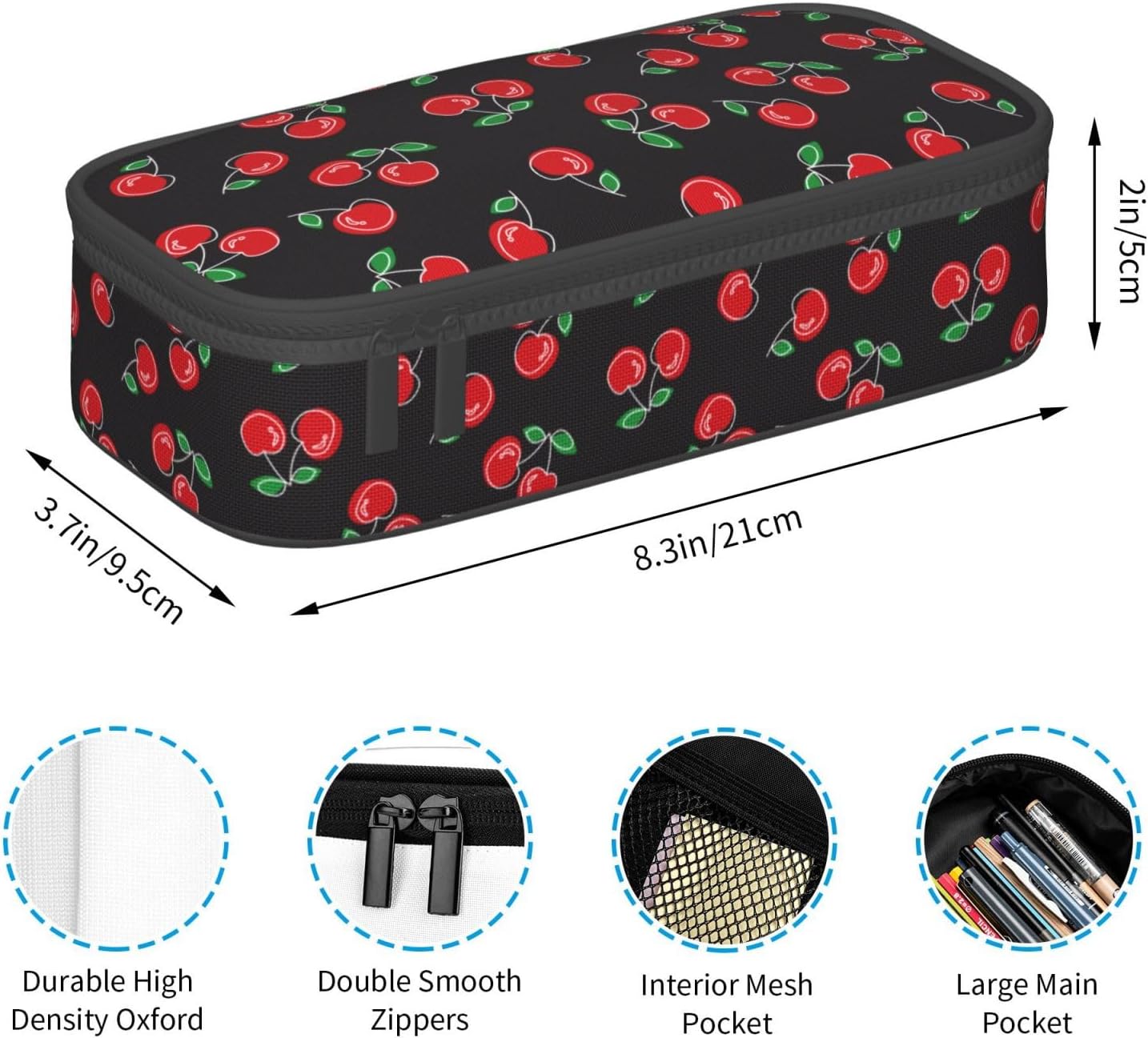 Red Cherry Black Pencil Case Big Capacity Storage Pencil Pouch Stationery Bags With Zipper Portable Pen Holder Box Organizer For Boys Student College School Office Supplies