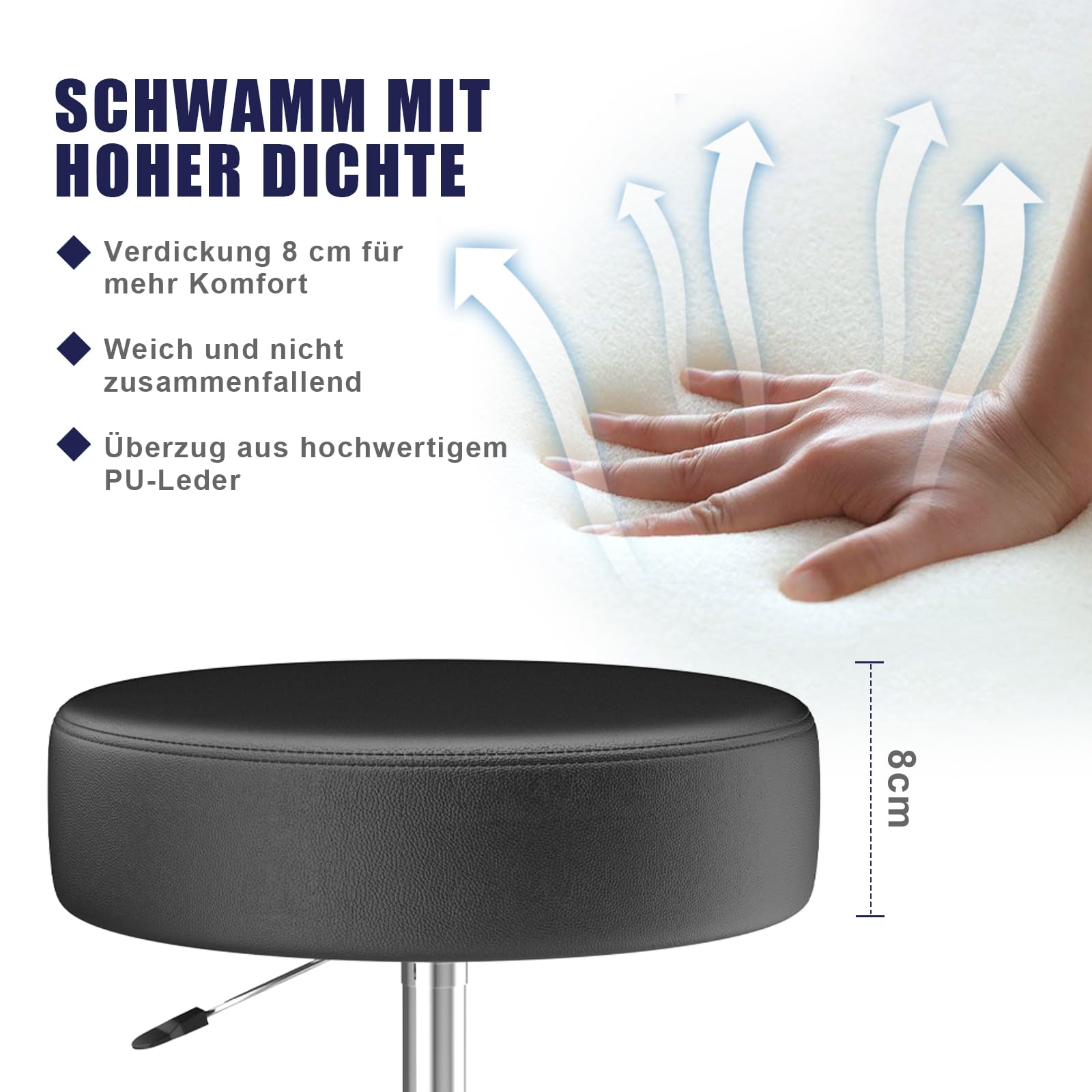 Hocker höhenverstellbar 49cm-63cm,Rollhocker mit fußstützezur Entspannung des Körpers,kompakt,bequem und leicht PU leder hocker mit rollen,drehhocker,arbeitshocker,friseurhocker,bürohocker (1 Schwarz)
