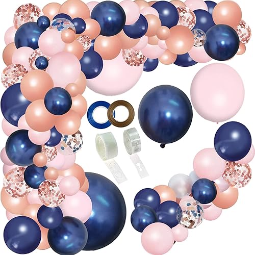 Miniatura 8 de Arco de globos de color azul marino, rosa y oro rosa, 148 unidades, guirnalda de globos para revelación de género azul marino para despedida de