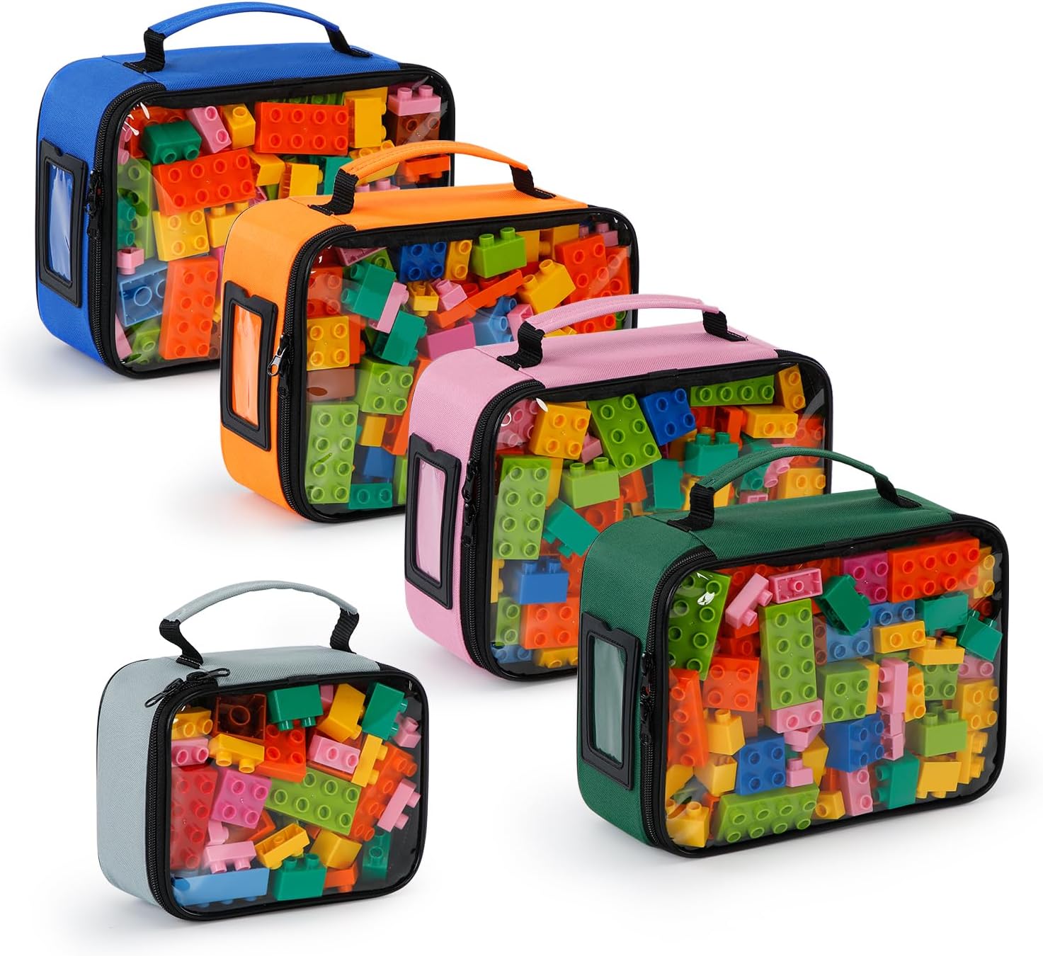 5 Pack Toy Storage Bags for LEGO & Building Blocks, Clear Toy Bins with Instruction Mesh Pocket & Label Window, Waterproof Zipper Pouches for Nursery Organization, Crafts, & Books (A)
