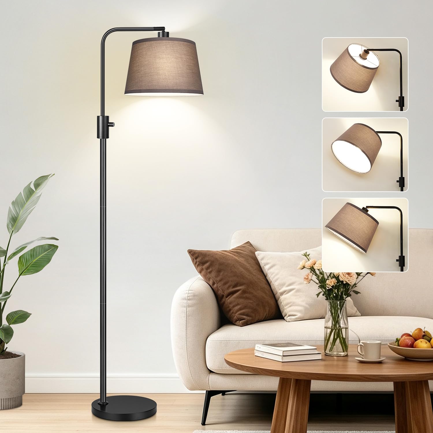 【Upgraded】 Dimmable Black Floor Lamps, 1000 Lumens LED Edison Bulb Included, Arc Black Floor Lamps for Living Room Modern Standing Lamp with Khaki Shade, Tall Lamps for Living Room Bedroom Office