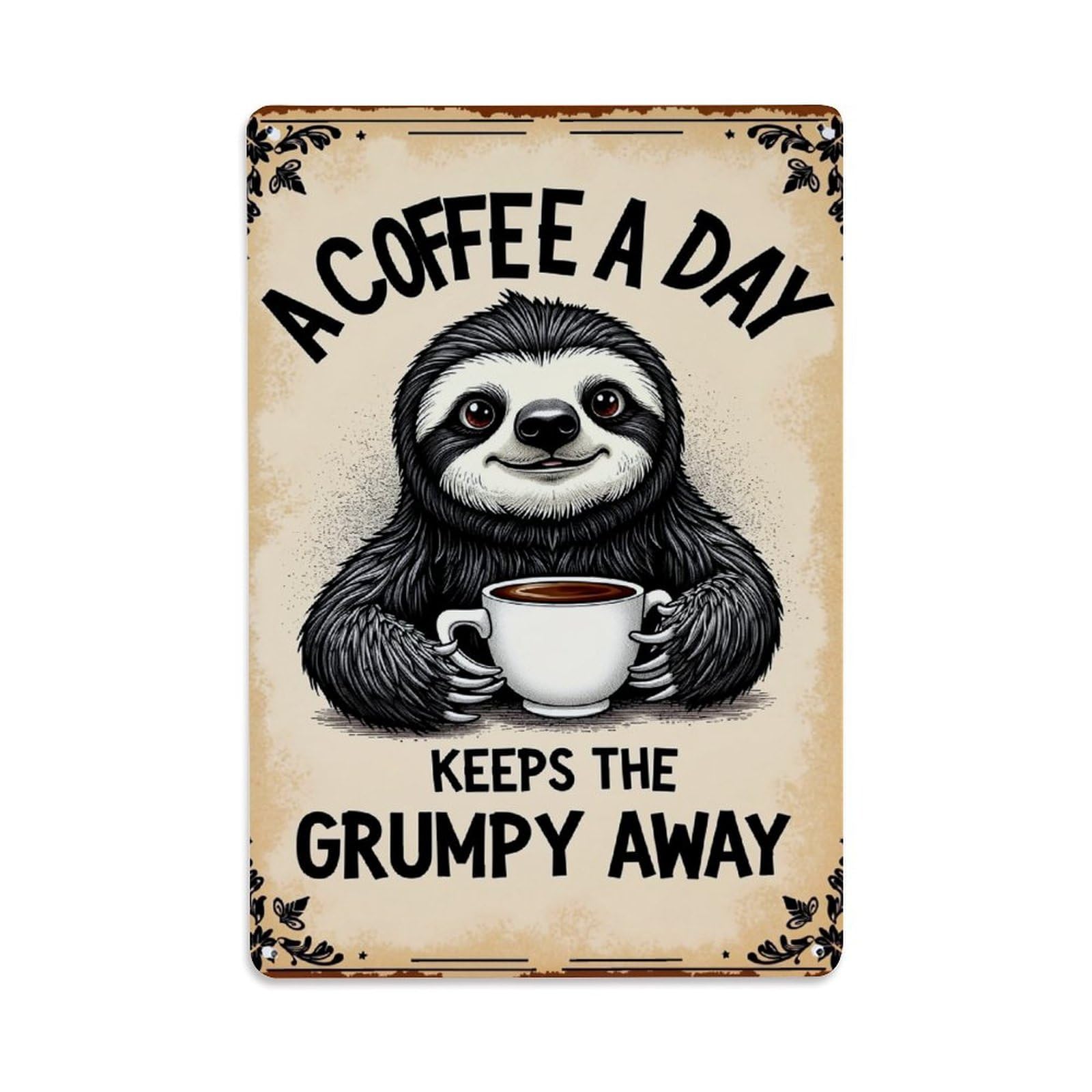 Jdfenggu Vintage Sloth Holding Coffee Cup Retro Metal Tin Sign, Decor Art Poster For Bar, Home, Man Cave, Kitchen, Laundry Room Gift 8X12inch