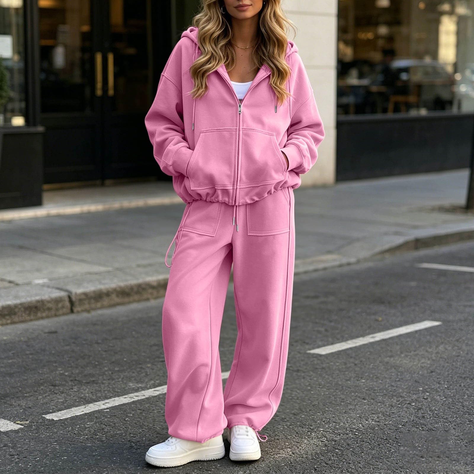Conjunto de chándal para mujer, cómodo, monocolor, con capucha, cremallera completa, pantalones de chándal y pantalones de chándal de 2 piezas, tallas grandes, traje deportivo de dos piezas, traje de