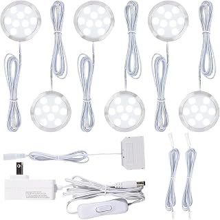 Curio Cabinet Light Kit, Small Round LED Puck for Ambient Lighting, 120V US Standard Wall Plug-in, 6 Ways Octopus Distributor, Inline On Off Switch, Cool White 6000K, 6 Lights