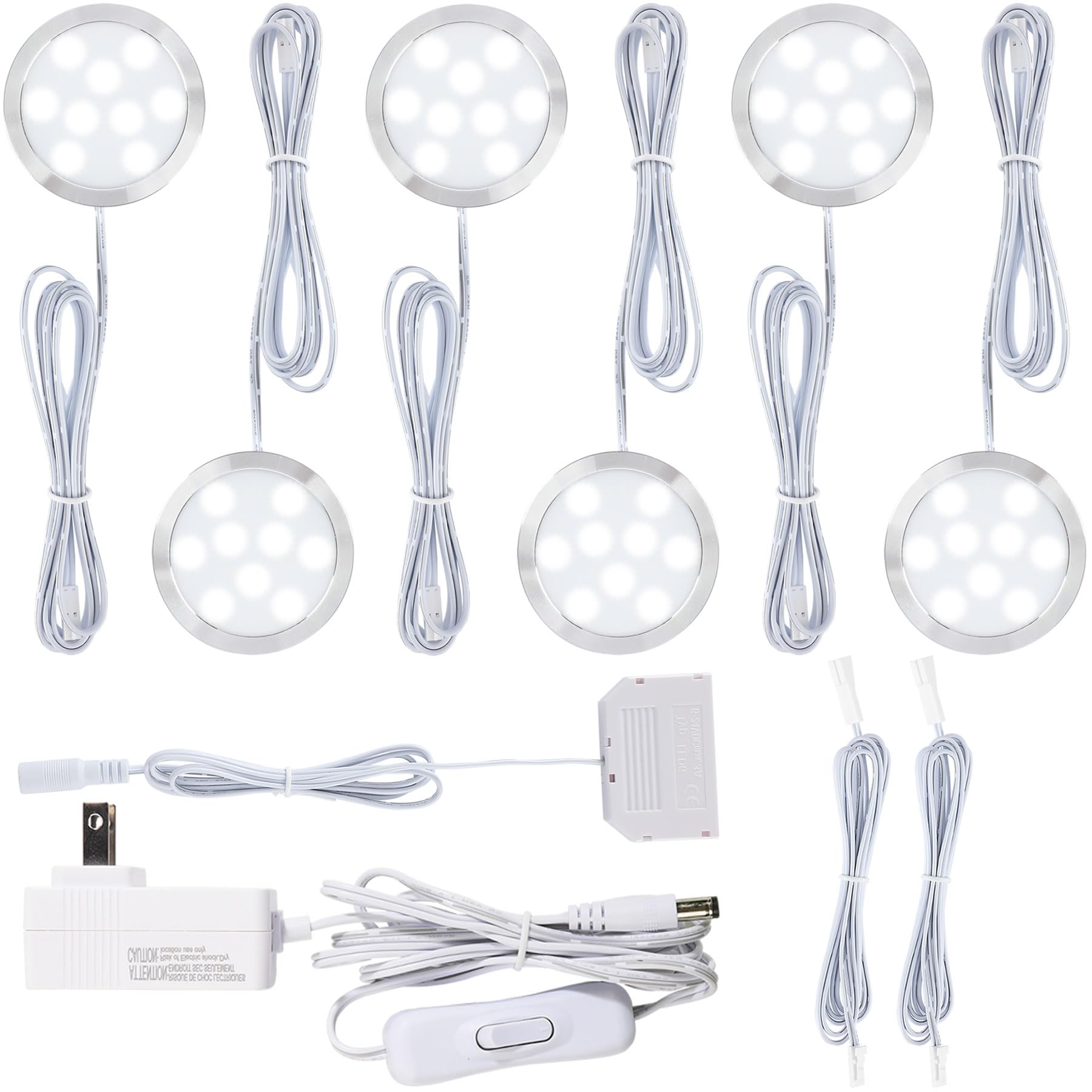 Meigour Curio Cabinet Light Kit, Small Round LED Puck for Ambient Lighting, 120V US Standard Wall Plug-in, 6 Ways Octopus Distributor, Inline On Off