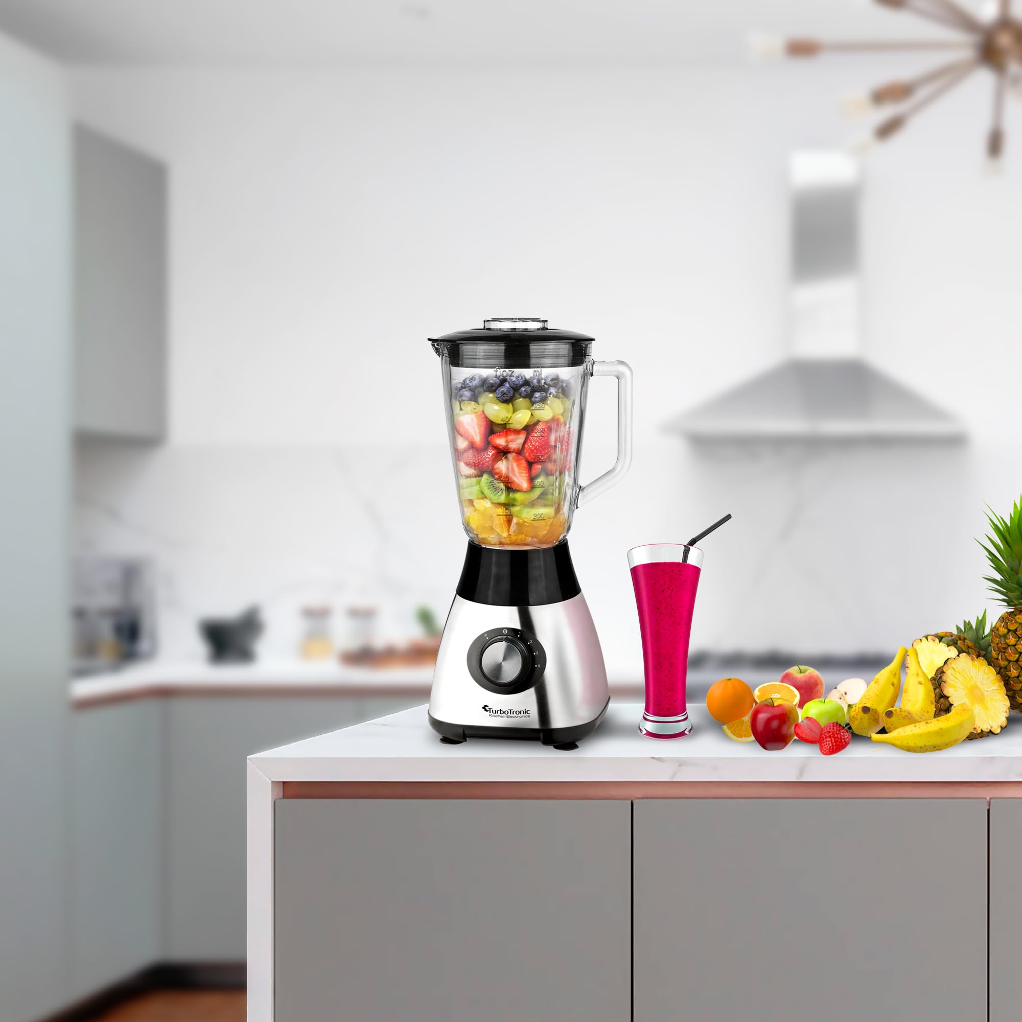 TurboTronic Standmixer mit 1,5L Glasbehälter 1200W Edelstahl silber, Smoothie Maker, Ice Crush Funktion, Blender