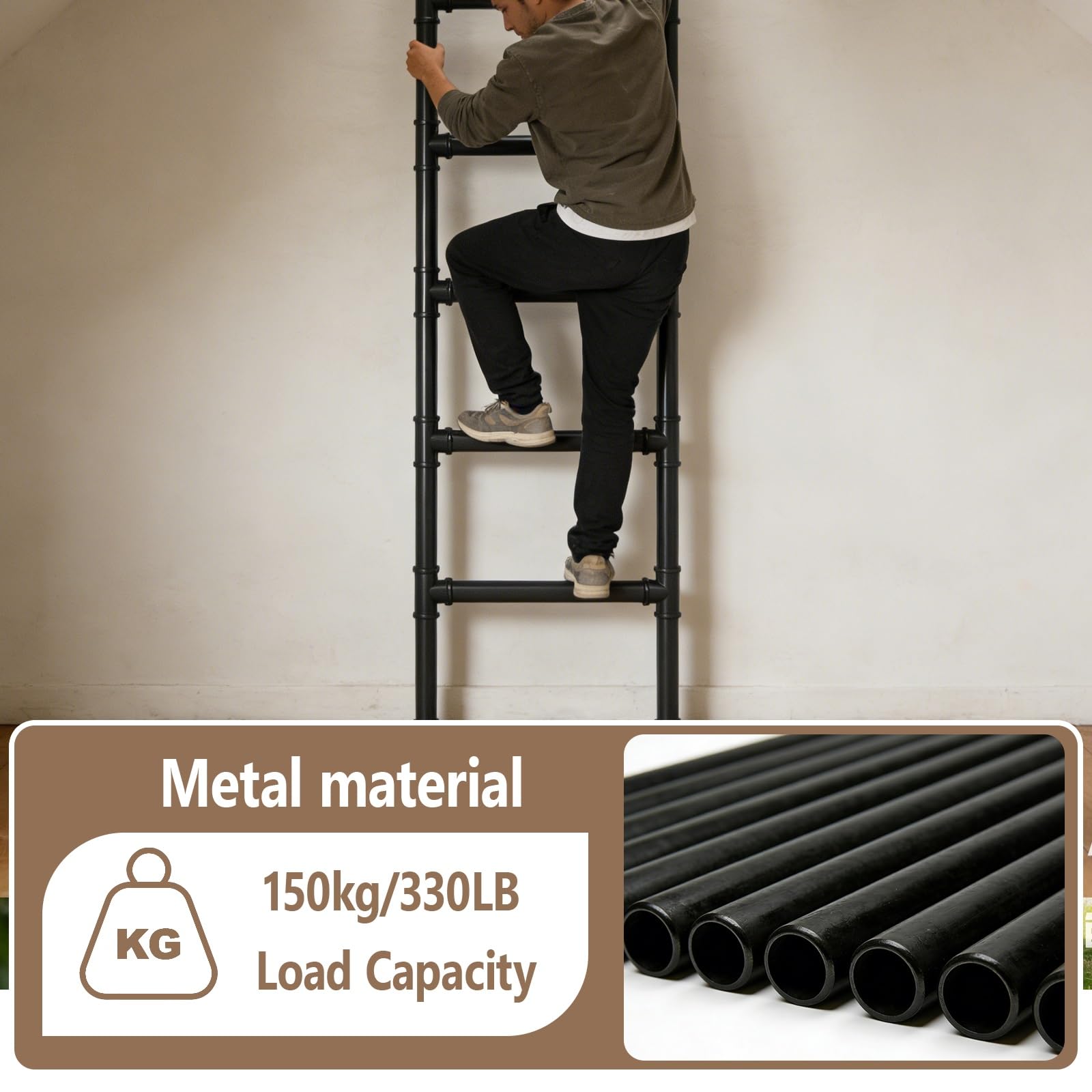 Wandmontierte Metall Dachbodenleiter,Sicherheitsersatz Für Klettern Im Innen- Und Außenbereich,Notausstiegsleiter Für Fensterschächte,150 Kg Tragkraft(Black,1.8m/6ft)