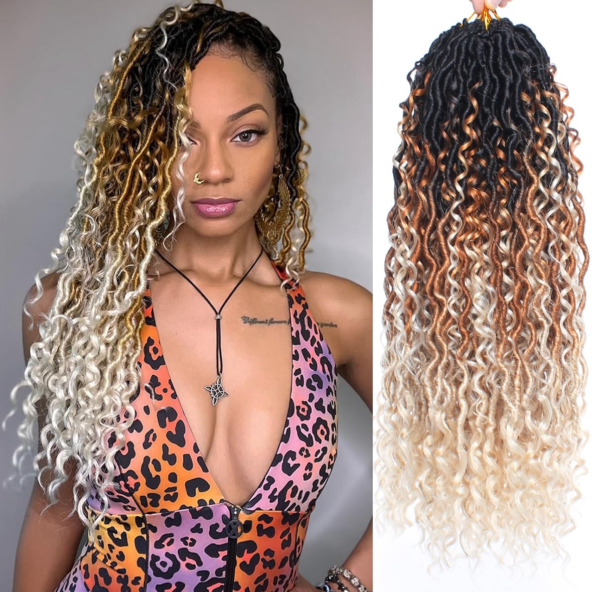 Kachanaa 18 Inch Goddess Faux Locs Crochet Hair for Black Women 8 Packs Pre-Looped River Locs with Curly Ends Ombre Boho Crochet Locs Hair /1B27613#