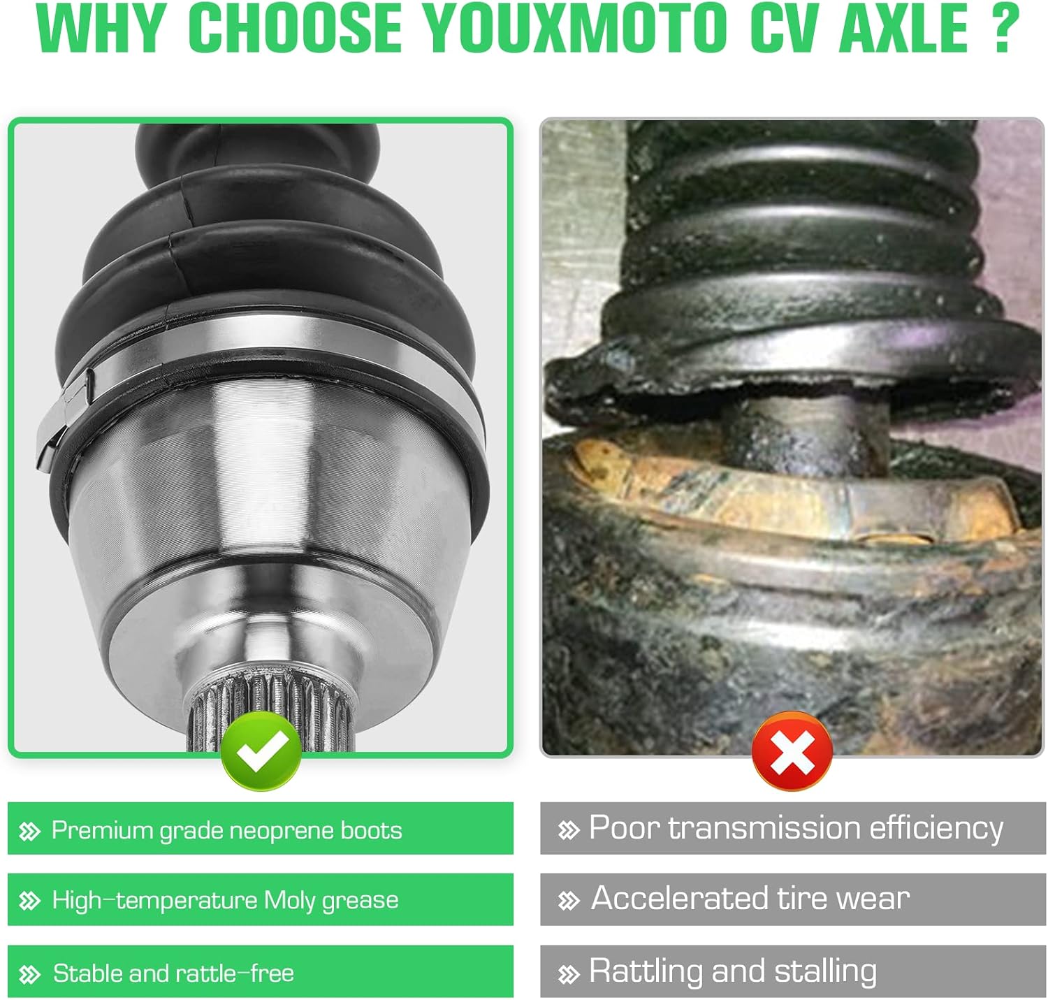 Youxmoto 2pcs Front CV Axle for Polaris 2013-2019 Ranger 900 XP/Crew; 2017-2020 Ranger XP 1000 (NON ABS/diesel/MUD); 2010-2014 RZR S 800/RZR 4 800; 2015-18 Ranger Diesel; Drive Half Shaft, For 1332637