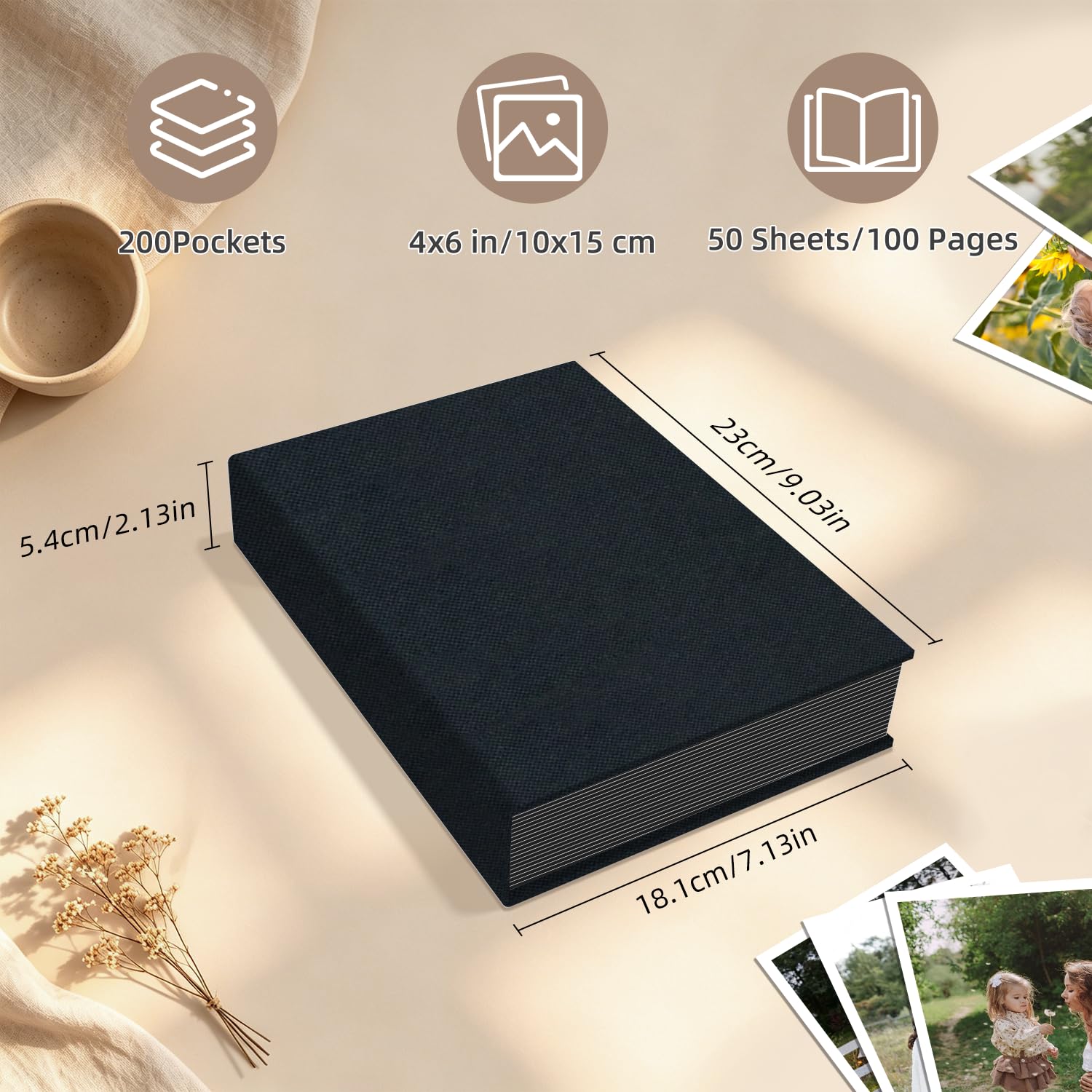 Popotop Photo Album 4x6 200 Pockets for Wedding Gifts,Linen Hardcover Picture Albums for Family Anniversary Baby Vacation Pictures