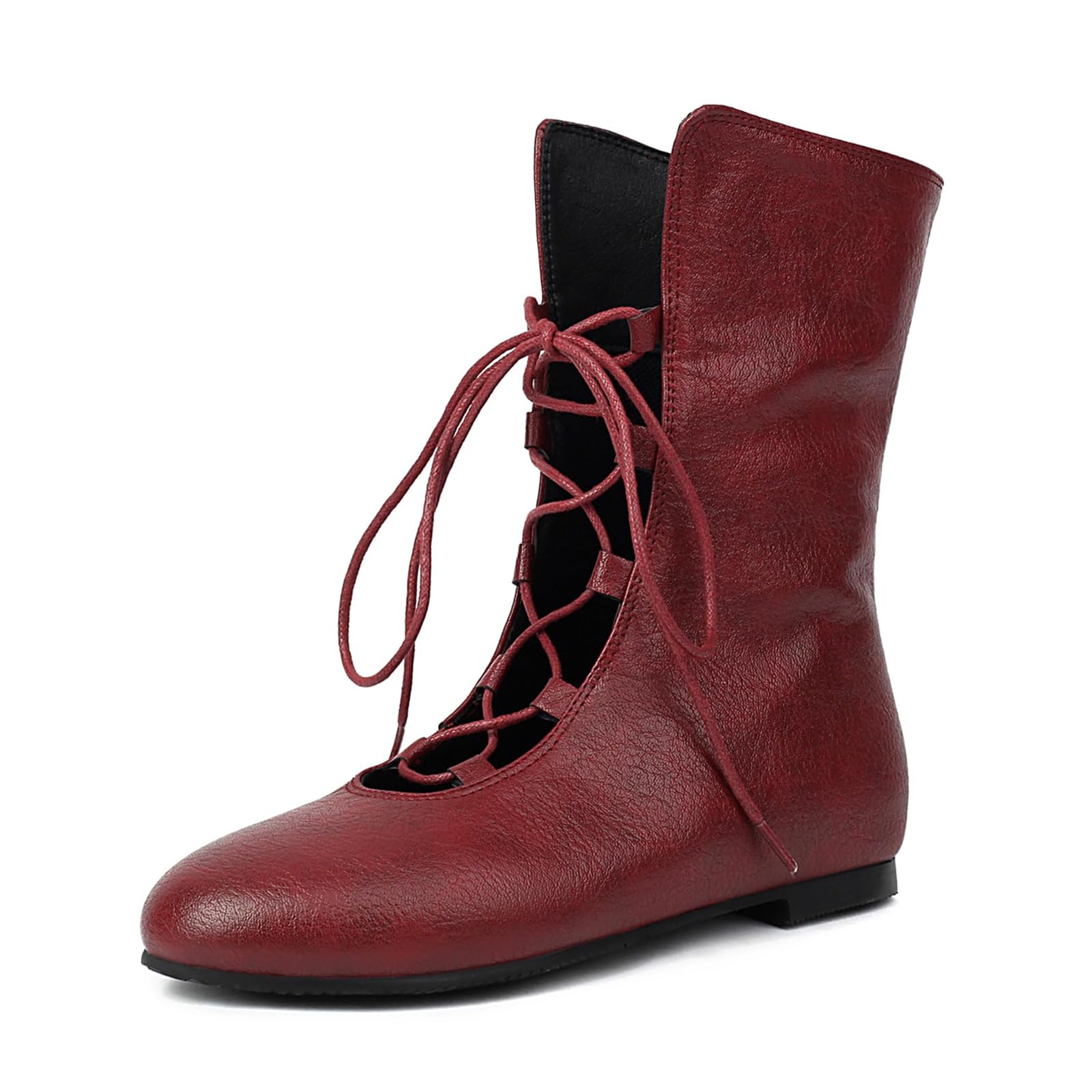 Womens Vintage Leather Lace up Flat Boots Costume Medieval Renaissance Flat Victorian Short Boots Comfortable Round Toe Pirate
