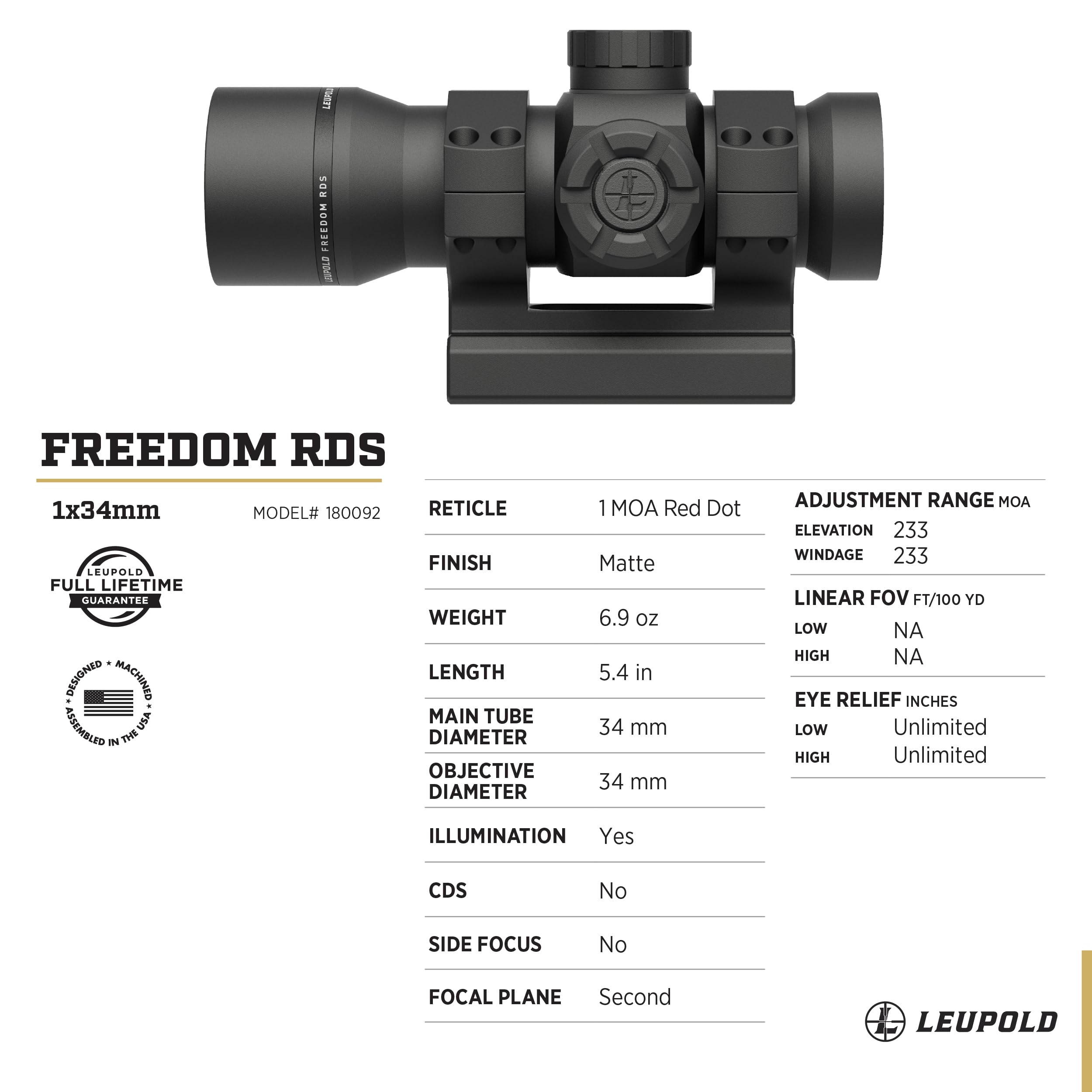 Leupold Freedom - RDS 1x34 (34mm) Red Dot 1.0 MOA Dot w/Mount