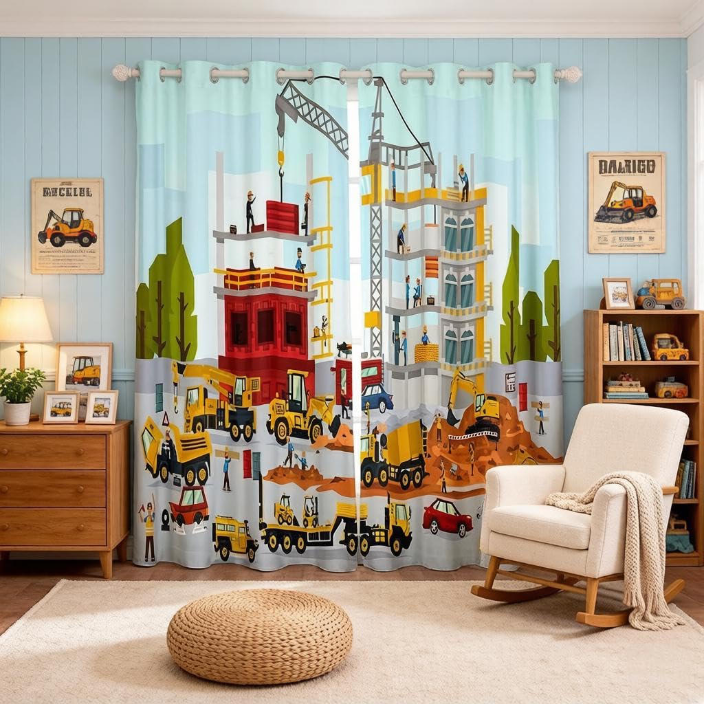 Loussiesd Kids Construction Curtain Cartoon Excavator Truck Room Curtain Boys Girls Transport Vehicle Curtain for Bedroom Hypoallergenic Curtain Drapes,2 Panels W66*L90 โ image 1