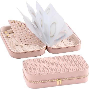 Lolalet Large Jewelry Organizer, Jewelry Storage Case with Pocket, Earrings Necklaces Bracelets Ring Zippered Storage Pouch for Women -Pink