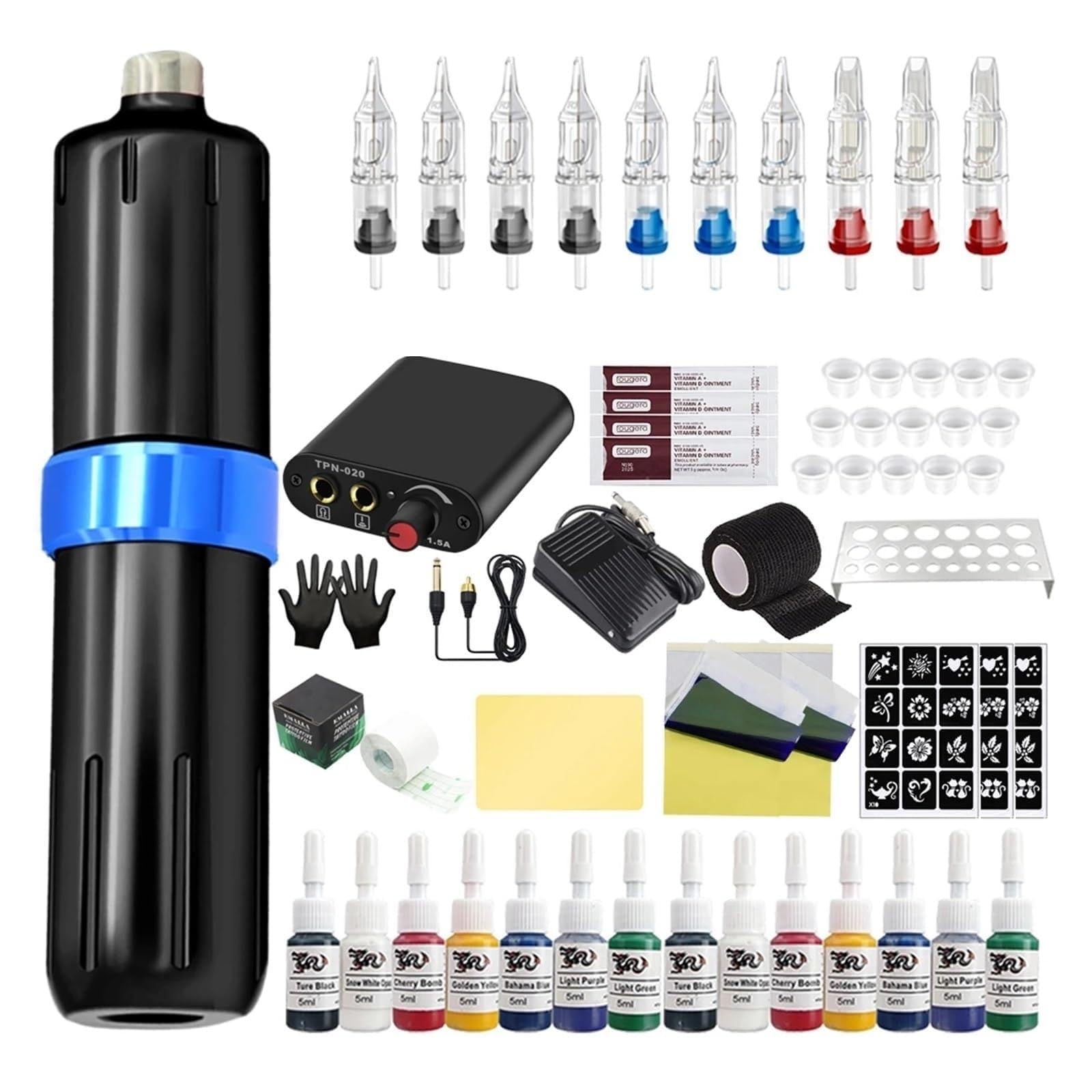Kit professionnel pour machine à tatouer - Stylo rotatif avec cartouches d'alimentation et aiguilles - Fournitures d'art corporel