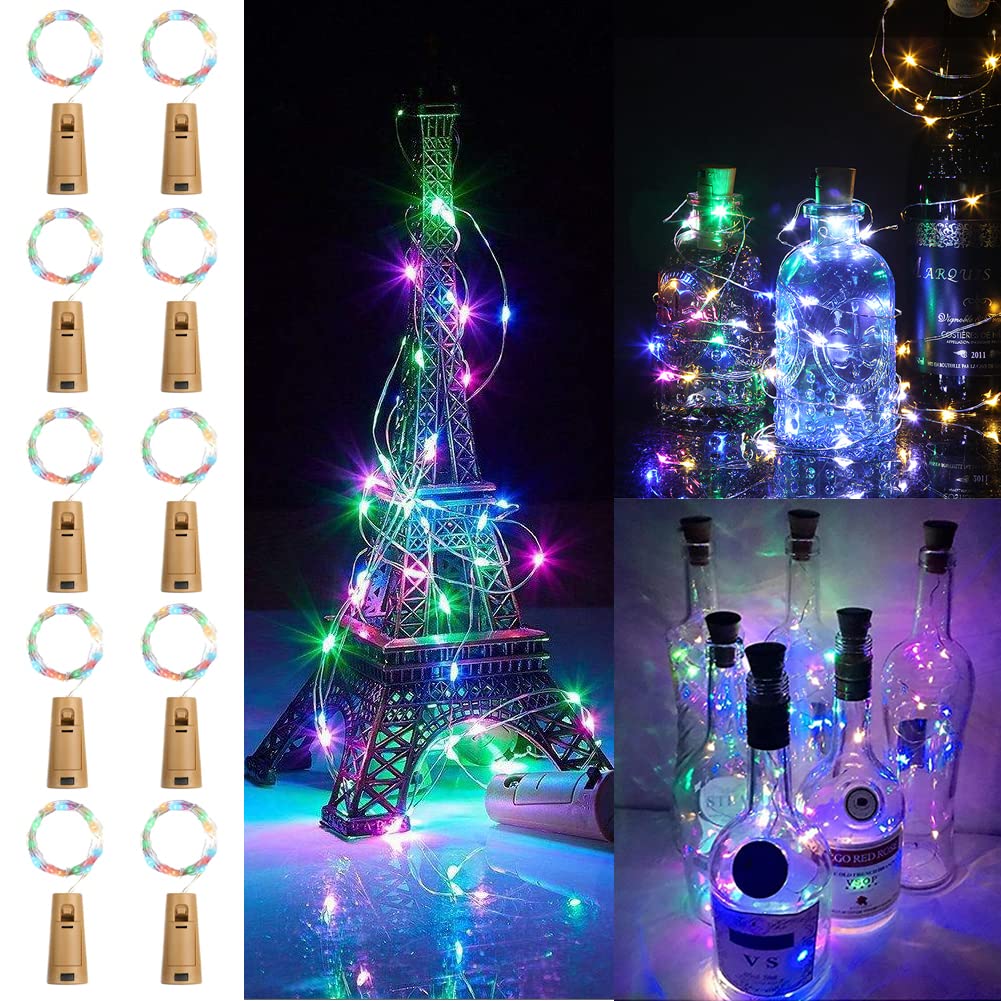 Xhuangtech Multi-Coloured-10Pack 10 Pack Bottle Lights With Cork, 2M 20 Led Cork Lights For Bottles, Copper Wire Fairy Lights Battery Operated, Led Bottle Light For Gin, Wine, Table Decorations,Bedroom (Multi-Coloured)