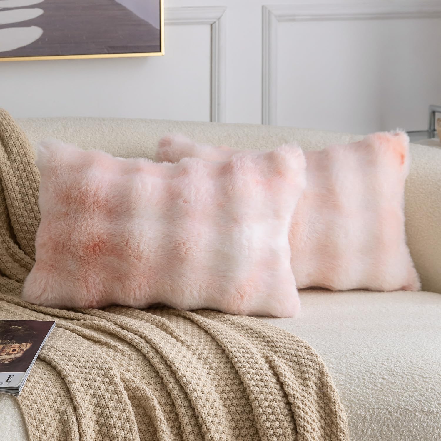 Madizz Pack of 2 Thick Plush Faux Wool Cushion Covers 30x50 cm White Pink Soft Neutral Decorative Throw Pillow Covers Accent Boho Pillowcases for Couch Sofa Bedroom Pillow Shell