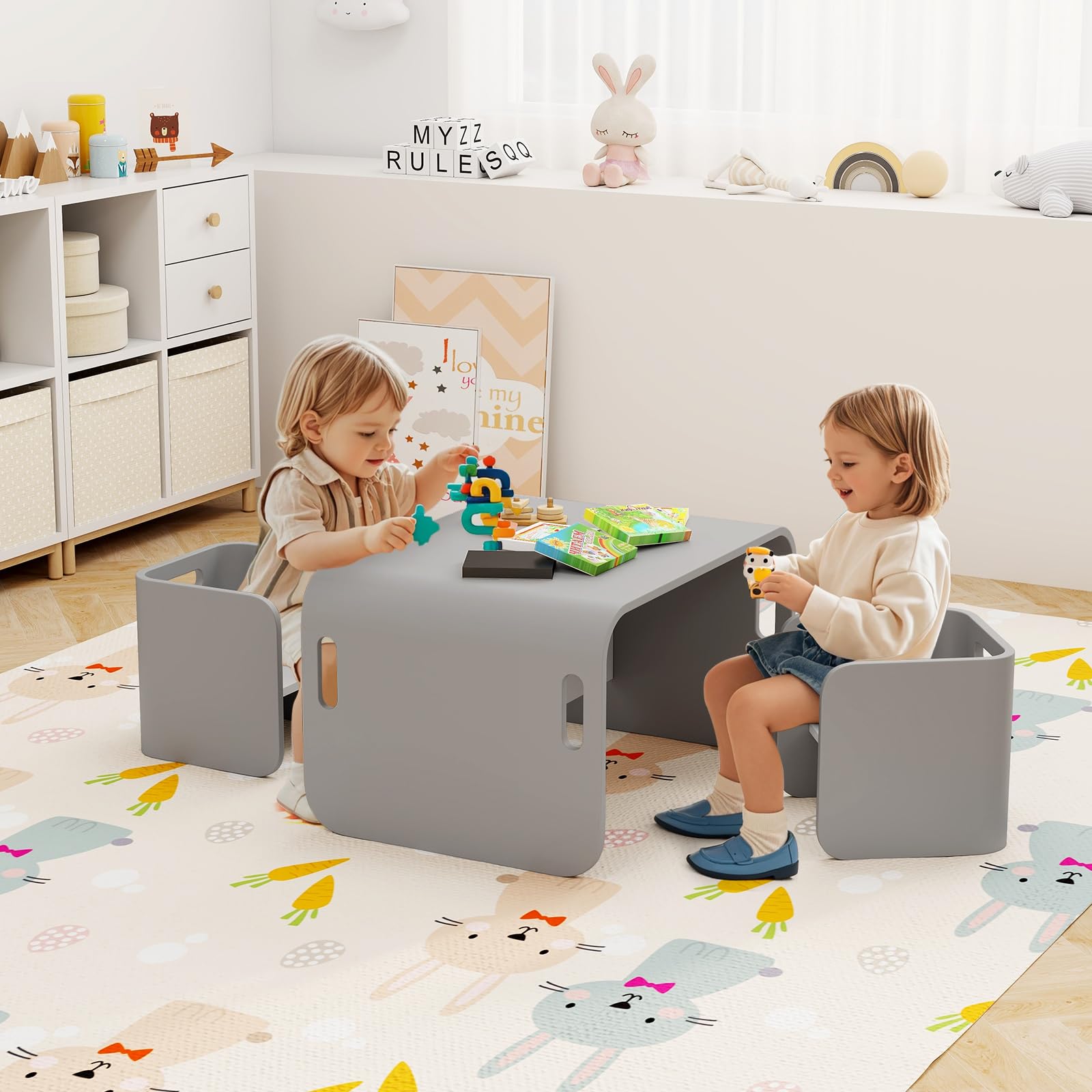 RELAX4LIFE Set da Tavolo e Sedie per Bambini con Design Multiuso, Tavolo/Scrivania/Panca con Schienale/Tavolino Laterale 4 in 1, Salvaspazio, in Legno di Betulla (Grigio)