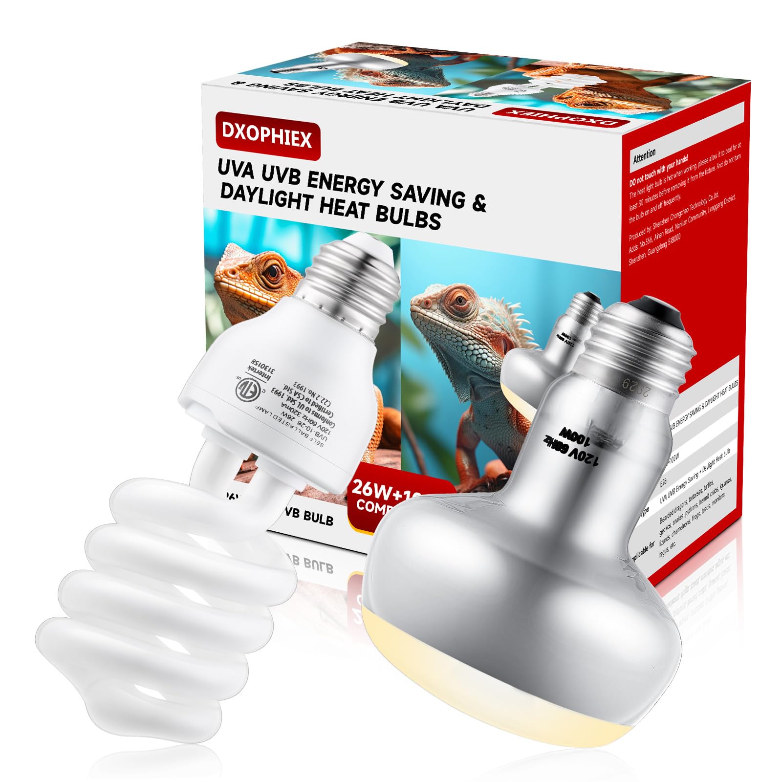 DXOPHIEX 100W Reptile Heat Lamp and 26W 10.0 UVB Bulb Combo Pack, UVA Basking Bulb and UVB Light for Reptiles, Basking Light for Bearded Dragon, Turtles, Snake and Lizard