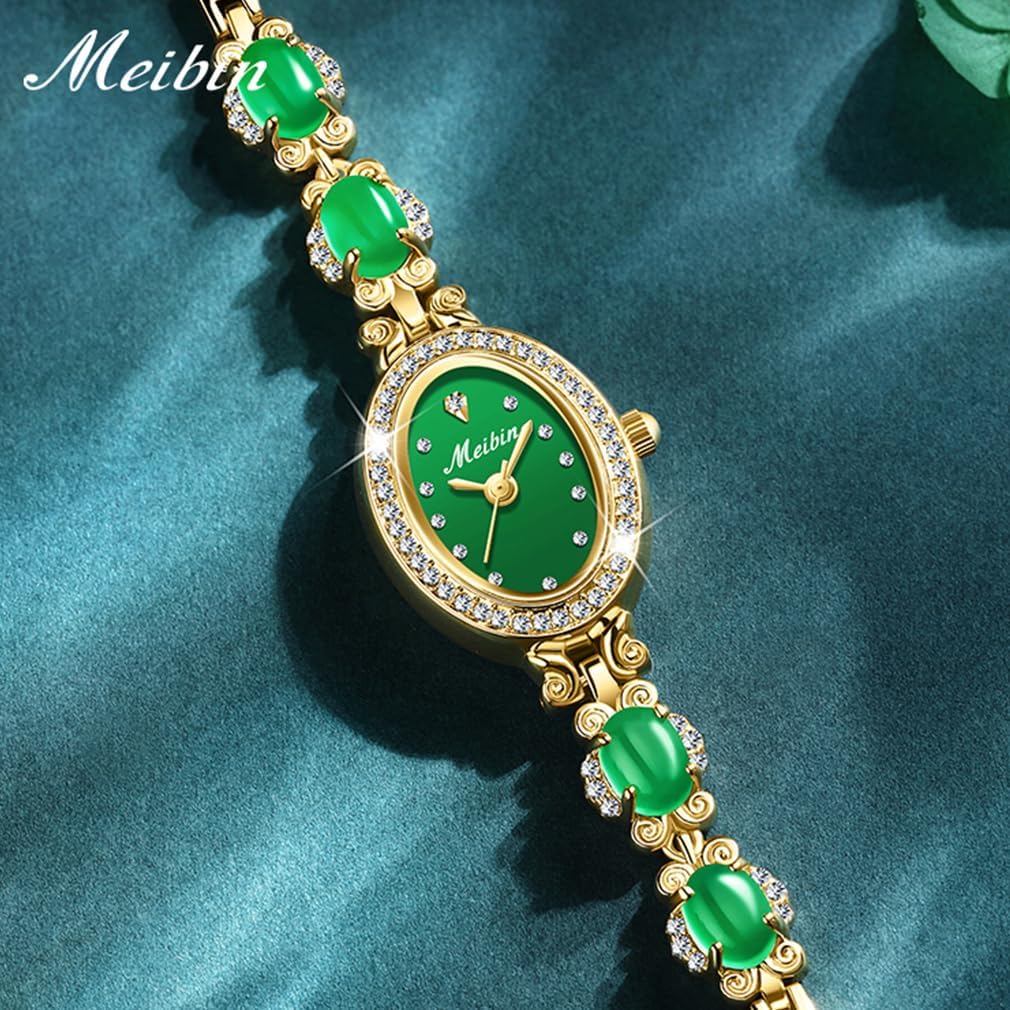 Watches for Women Green Bracelet Crystal Diamond Bangle Ladies Female Small Fashion Luxury Thin Waterproof Quartz Girls Wife Gifts Oval Gold Wrist Watch - Image 7