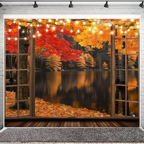 Fall Window Backdrop 10x8ft,Autumn Maple Leaves Forest River Photography Backgro