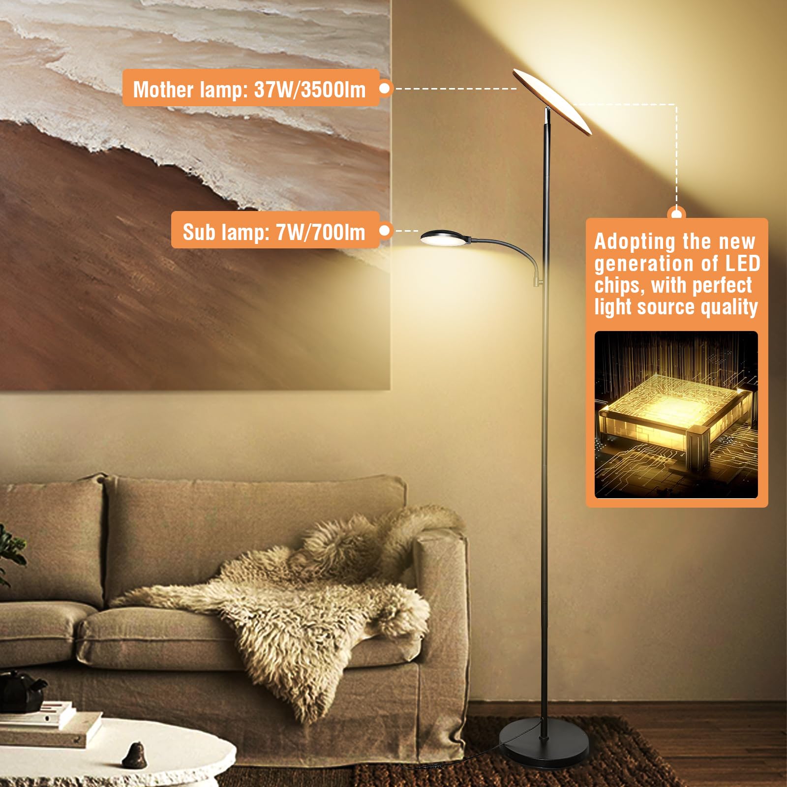 marctronic LED Stehlampe Deckenfluter Dimmbar, 42W 4200LM Superhelle Wohnzimmer Stehlampe mit Leselampe, 175CM Hohe Moderne Standleuchte mit Fernbedienung & Touch Steuerung für Schlafzimmer BüRo