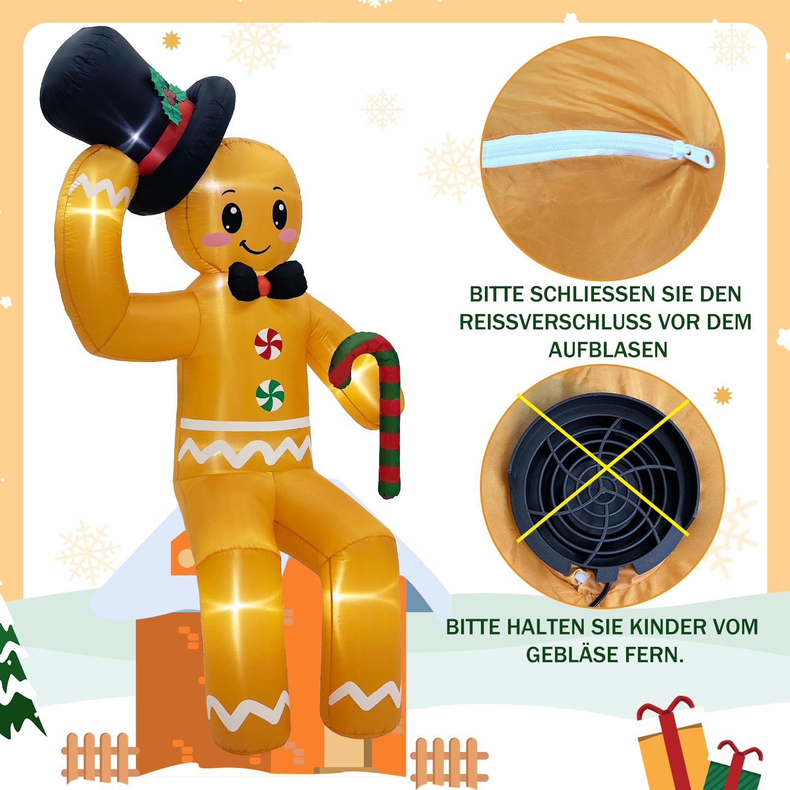 300 cm Aufblasbare Weihnachtsdeko Aussen, Mit Licht Sitzung Lebkuchenmann Aufblasbar Weihnachten Outdoor Schmücken for Dachterrasse mit Innenhof und Rasen, Einkaufszentrum