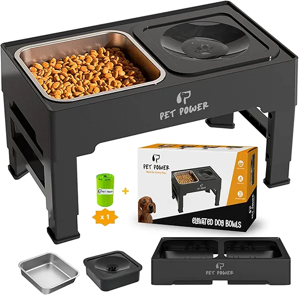 PET POWER Dog Bowls Elevated, 4 Adjustable Height Raised Dogs Bowl with No-Spill Water Dish & Stainless Steel Food, Non-Slip Food & Water Bowl for Small Medium Large Dogs, Cats - Elevated Dog Bowls