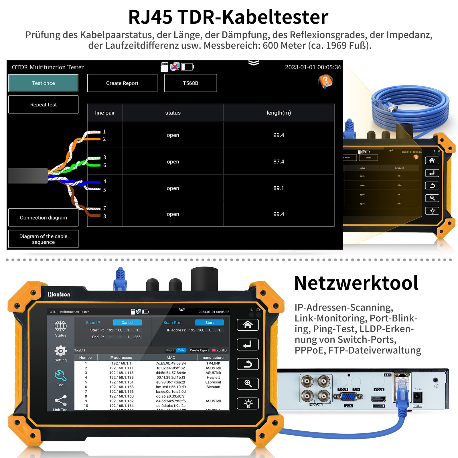 Henkion OTDR Fiber Optic Tester 1310/1550 nm 26/24 dB Glasfasermessgerät, Automatik/Parametermodus, OPM, LS, OLS, Ereigniskarte, Kabeltester, 8 Fasernadapter, Datei- und Berichtseinstellung