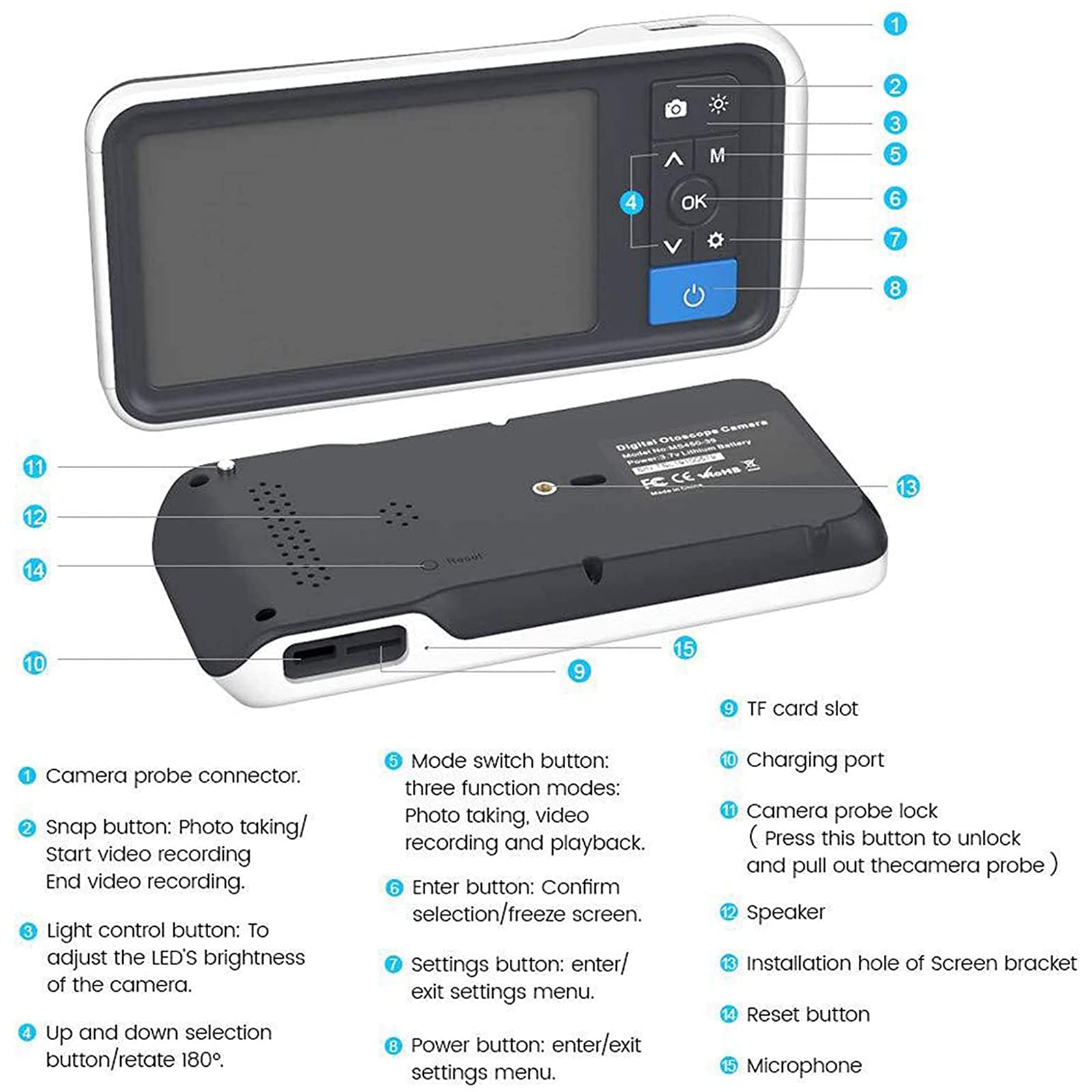 Otoscopio Digital 3.9mm Lente, Limpiador De Tapón De Oído, Cámara De Gancho De Oído, 4.5 Pulgadas 1080P HD, Cámara De Cera De Oído Con 2500mAh Batería Recargable, Para Adultos, Niños Y Mascotas