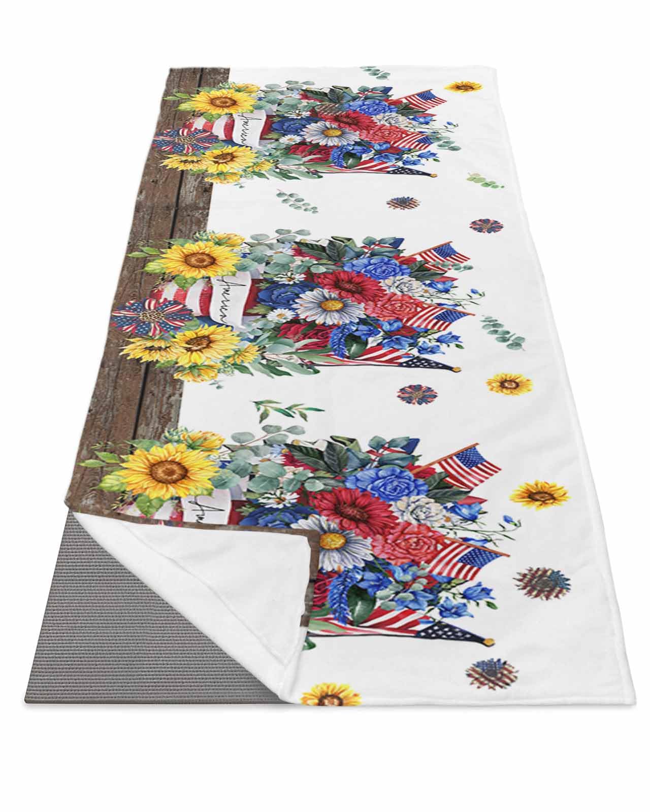 BOSIJOY Yoga Mat Towel,Independence Day Patriotic Flower Eucalyptus Leaf Non Slip Sweat Absorbent Hot Yoga Towels with Corner Pockets,USA Flag Wood Soft Microfiber Towel for Pilates Bikram 74