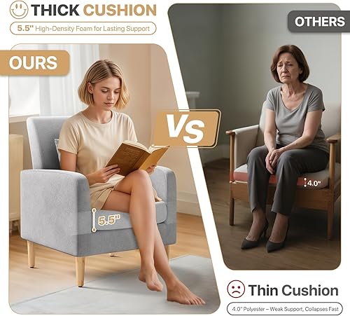 Miniatura 8 de Magshion Silla decorativa Mid-Century para sala de estar, cómoda silla de lectura para dormitorio, sillón tapizado de tela de lino, sofá individual