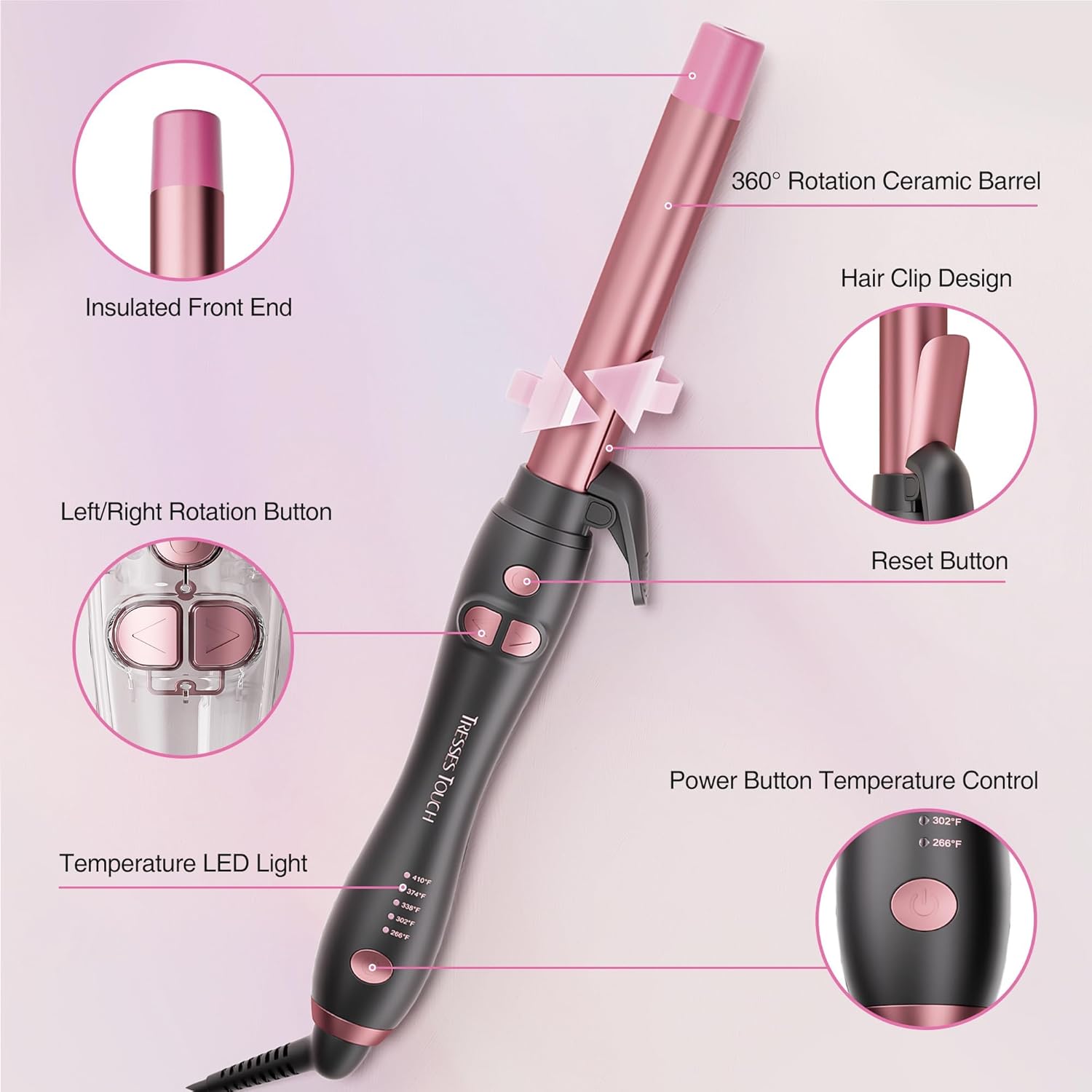 Extra-Long Barrel Rotating Curling Iron with Short Clamp, Automatic Curling Iron 1 Inch Creates Loose Curls – for Medium and Long Hair, High Heat 410°F, Instant Heat up, Double Ceramic, Dual Voltage - Image 7