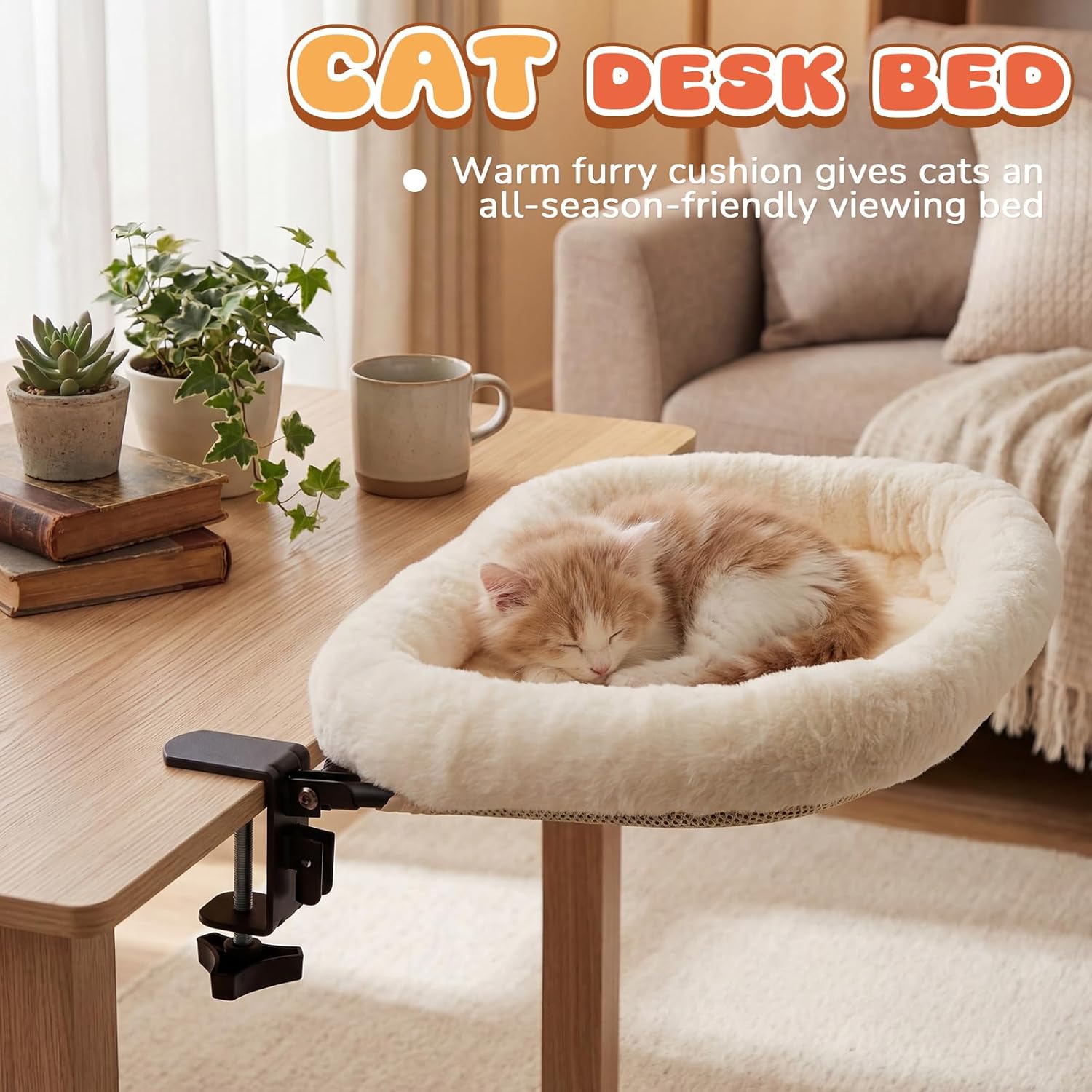 Lewtemi Bedside Pet Bed, Hanging Cat Hammock Attached to Bed or Desk, Adjustable Lounge with Heavy Duty Metal Frame, Soft Plush Guardrail, Stable Supports up to 44 Lbs for Large Cats(Cream)