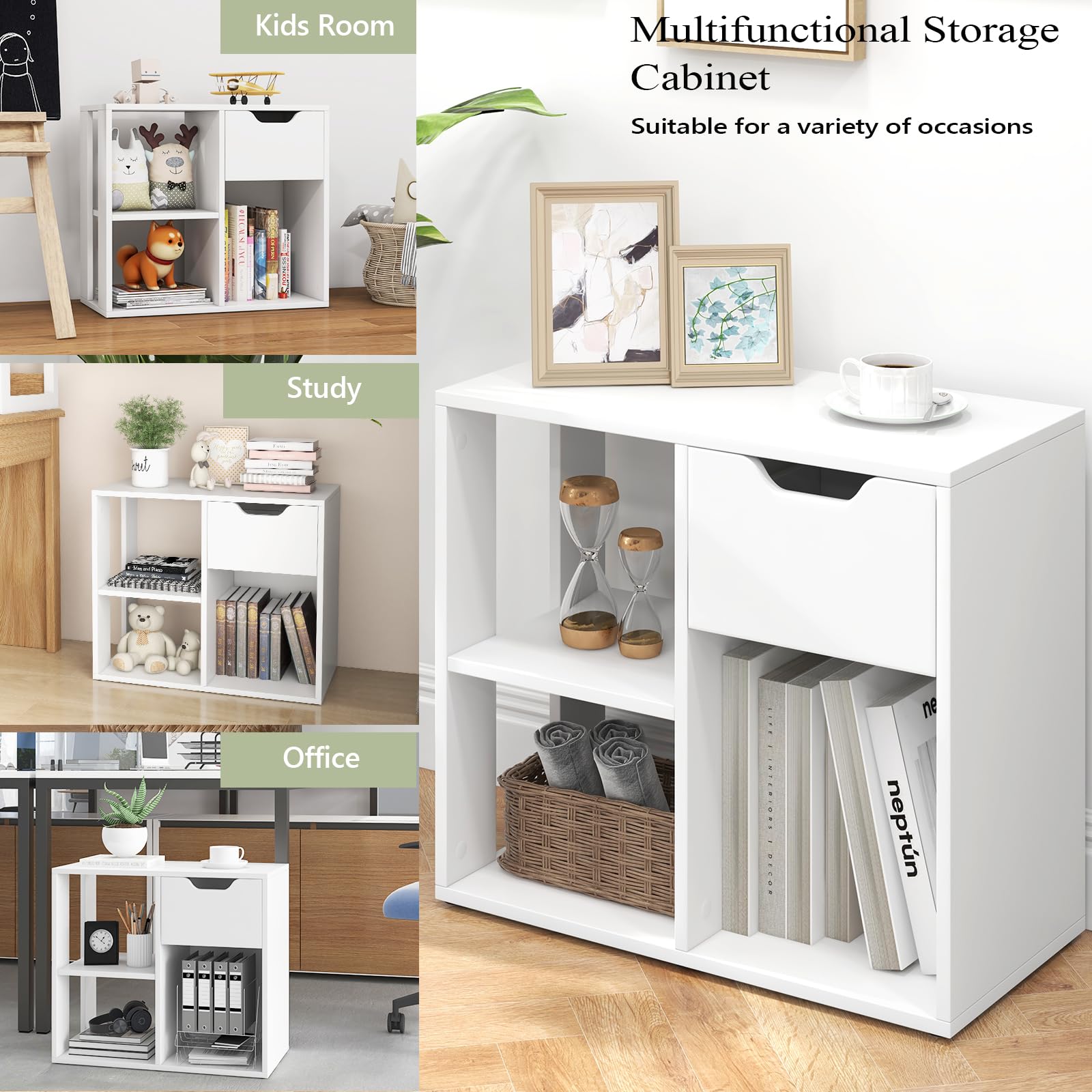 LIFEZEAL Tavolino Basso, Tavolino Laterale da Divano, con 1 Cassetto, 3 Scomparti Aperti, Libreria, Scaffale Portaoggetti, in Legno, Bianco, per Soggiorno, Moderno, Multiuso, Max 80 kg, 60x30x53 cm