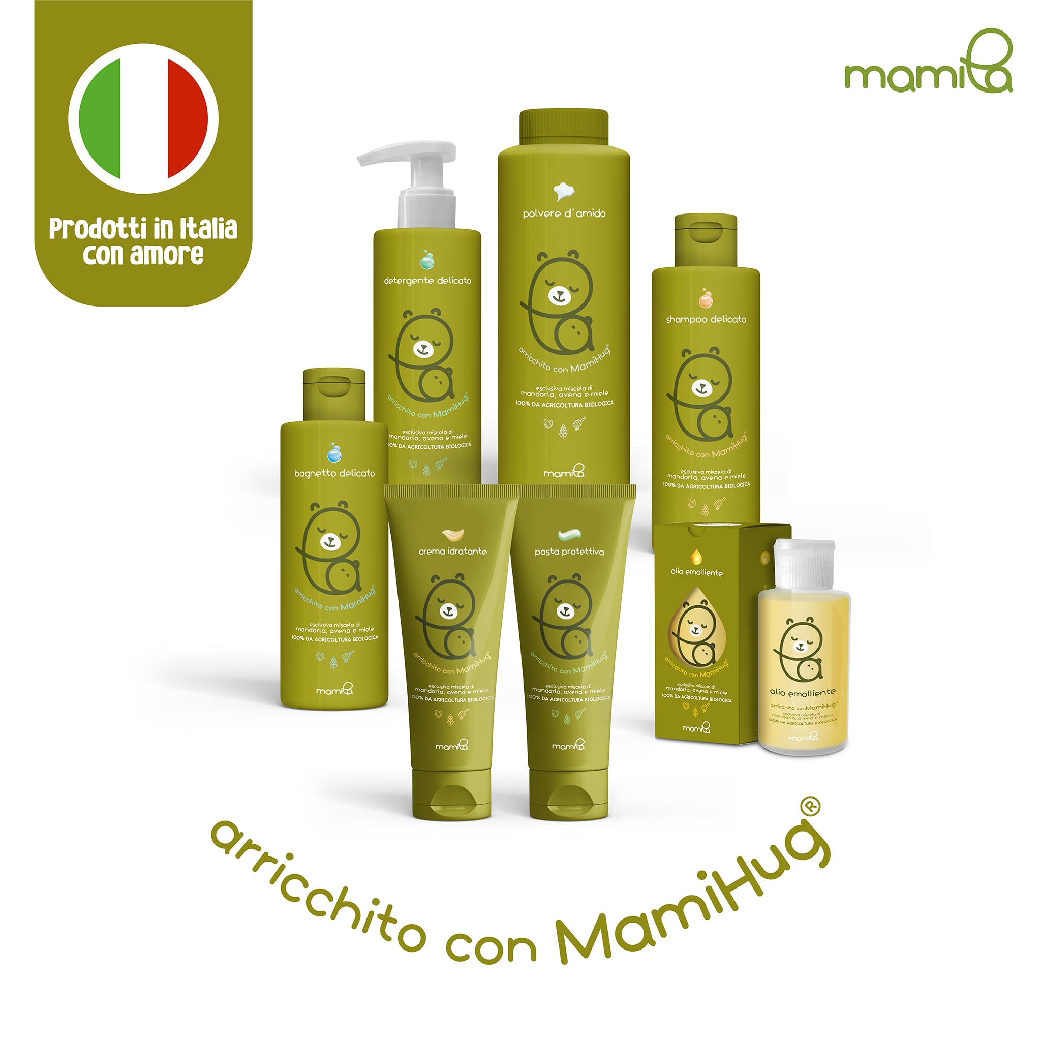 Mamila Set Completo per la Cura del Bambino, 7 Prodotti Essenziali MamiHug, Include Shampoo, Bagnetto, Detergente, Pasta Protettiva, Crema Idratante, Polvere d'Amido, Olio Emolliente