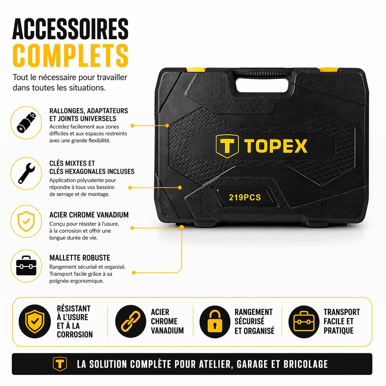 TOPEX Coffret Clés à Douilles 219 Pièces Jeu Complet 1/2 3/8 1/4 Acier CrV Cliquets Douilles Embouts E TORX Rallonges Adaptateurs Clés Mixtes avec Mallette 38D853