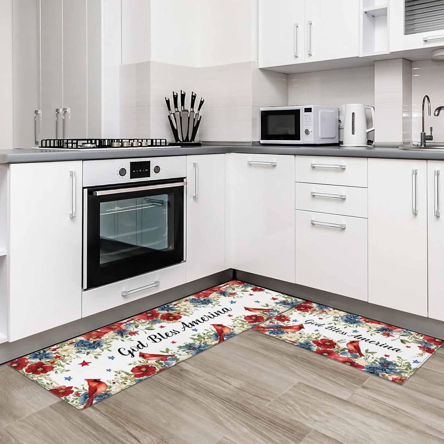 Kitchen Mats for Floor Independence Day Blossom Floral Washable Non Slip Kitchen Rugs 2PCS, July 4th Cardinal Absorbent Standing Mats for Sink Bathroom Office Living Room 15.7x23.6in+15.7x47.2in