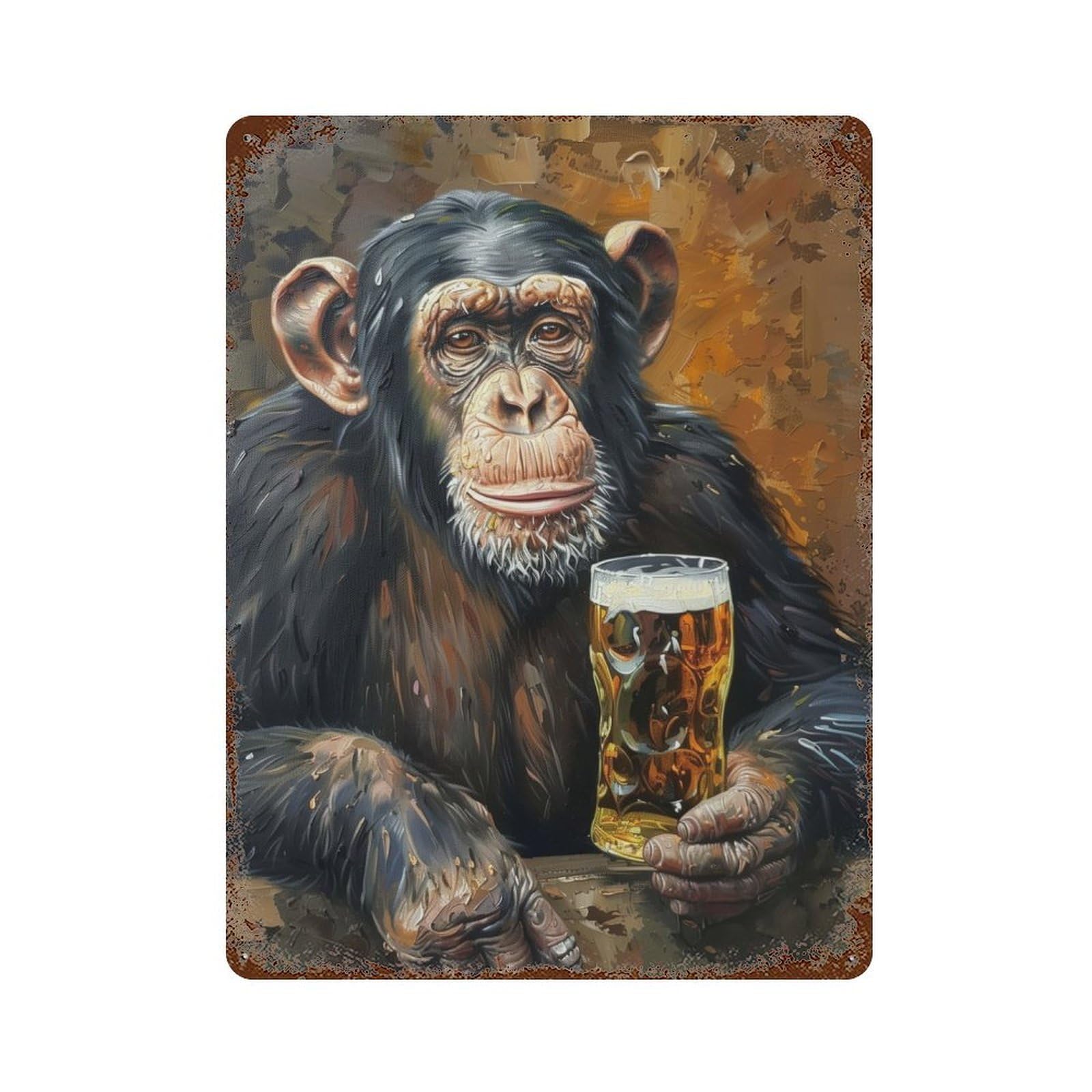 Beer Drinking Monkey Vintage Wall Sign 15.7"x11.8", Rust Effect Metal Decor for Farmhouse, Kitchen And Entryway Decor